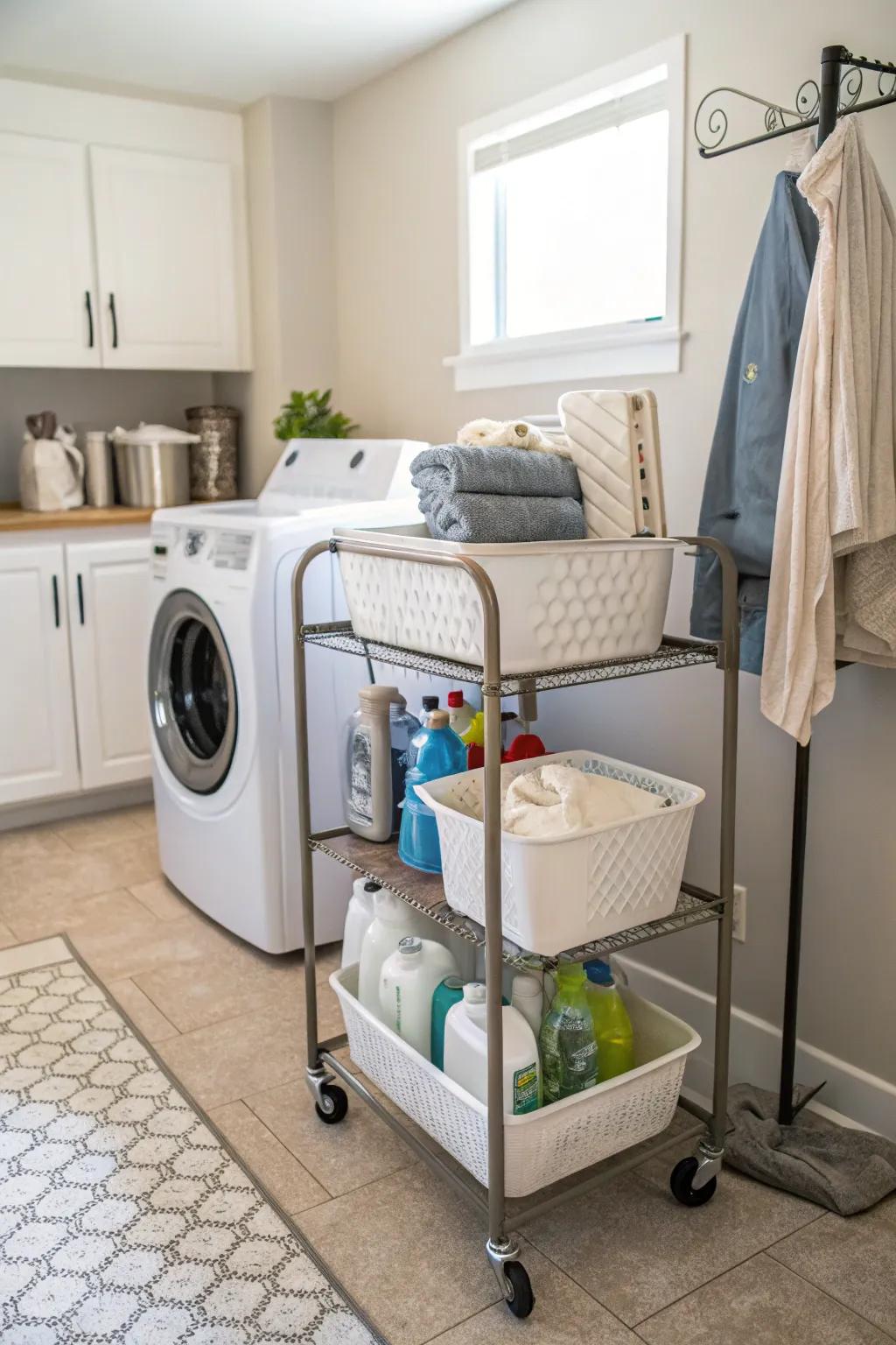A mobile laundry cart keeps essentials at your fingertips.