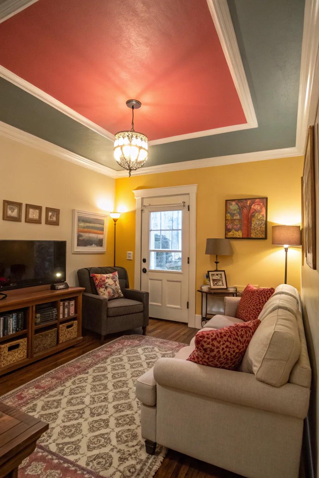 A ceiling with color to add visual dynamics.