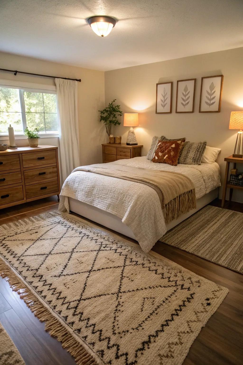 Layered rugs add texture in a compact master bedroom.
