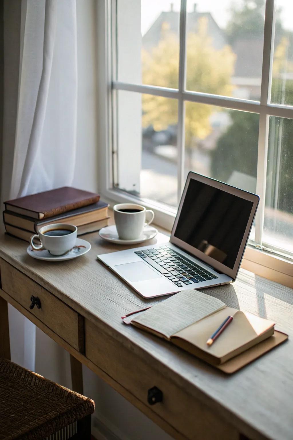 An office desk placed to make the most of natural light from a window.