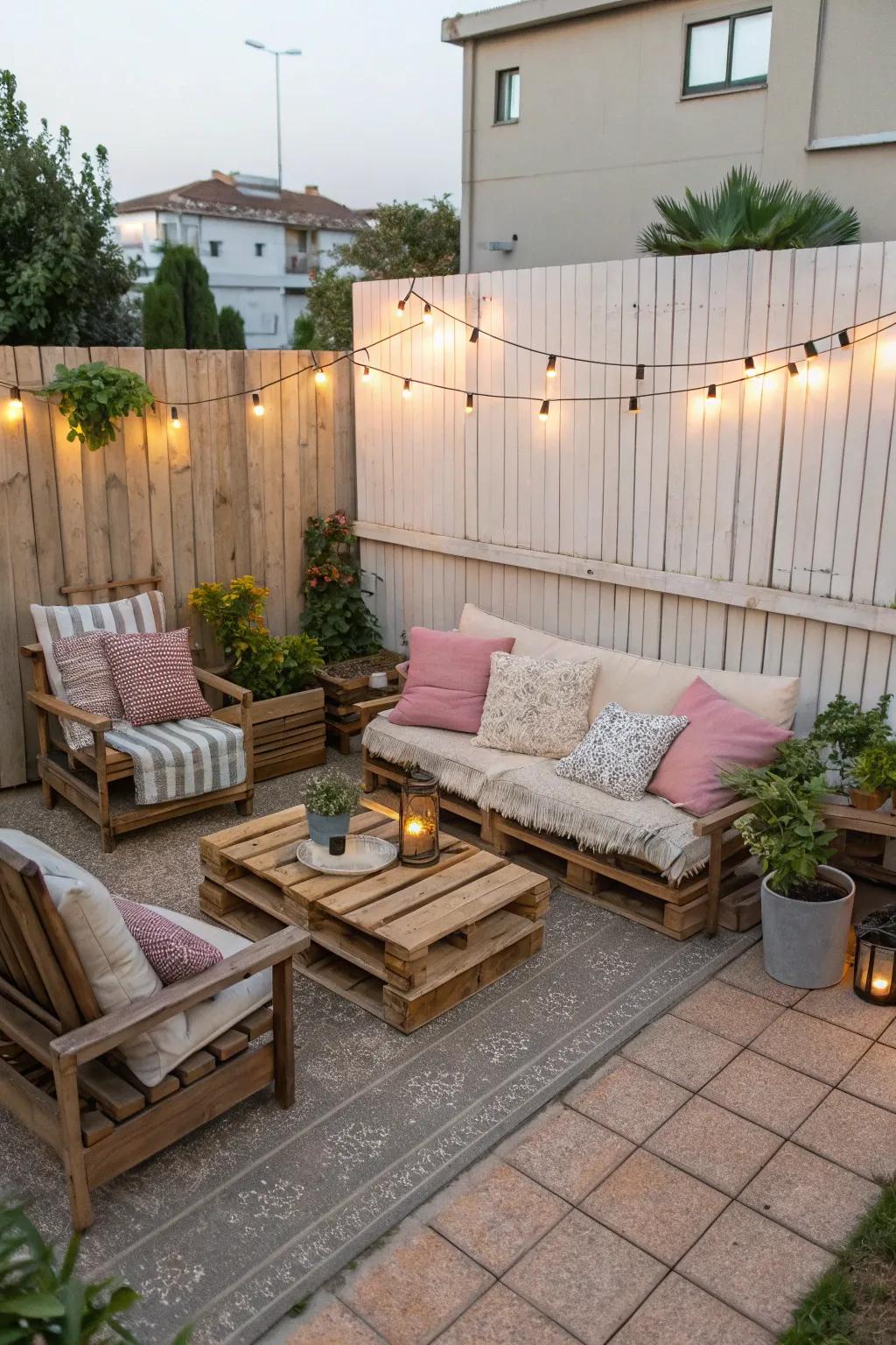 Pallet furniture extends a rustic and individualized touch.