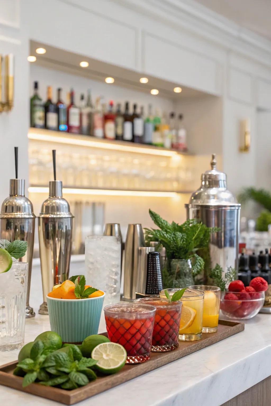 A DIY cocktail counter features ingredients for blending personalized beverages.