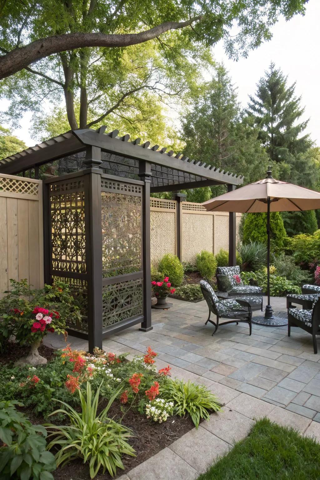 A privacy screen crafts a hidden oasis beneath a small framework.