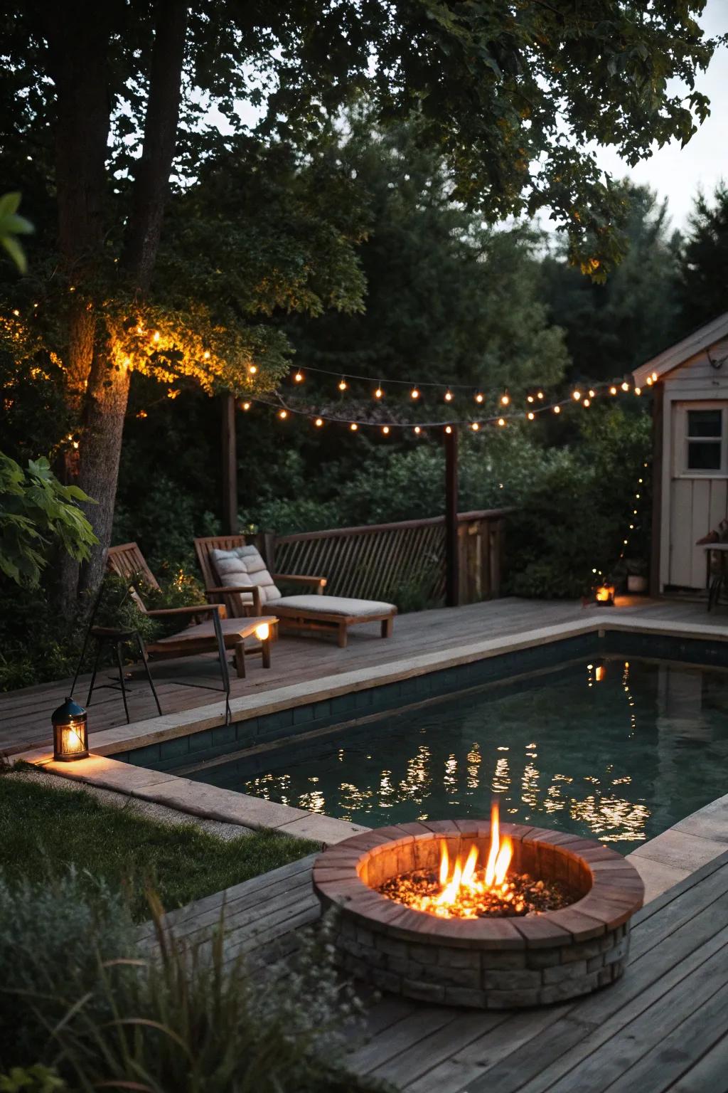 Open-flame elements apply warmth and drama, establishing a fascinating poolside atmosphere.