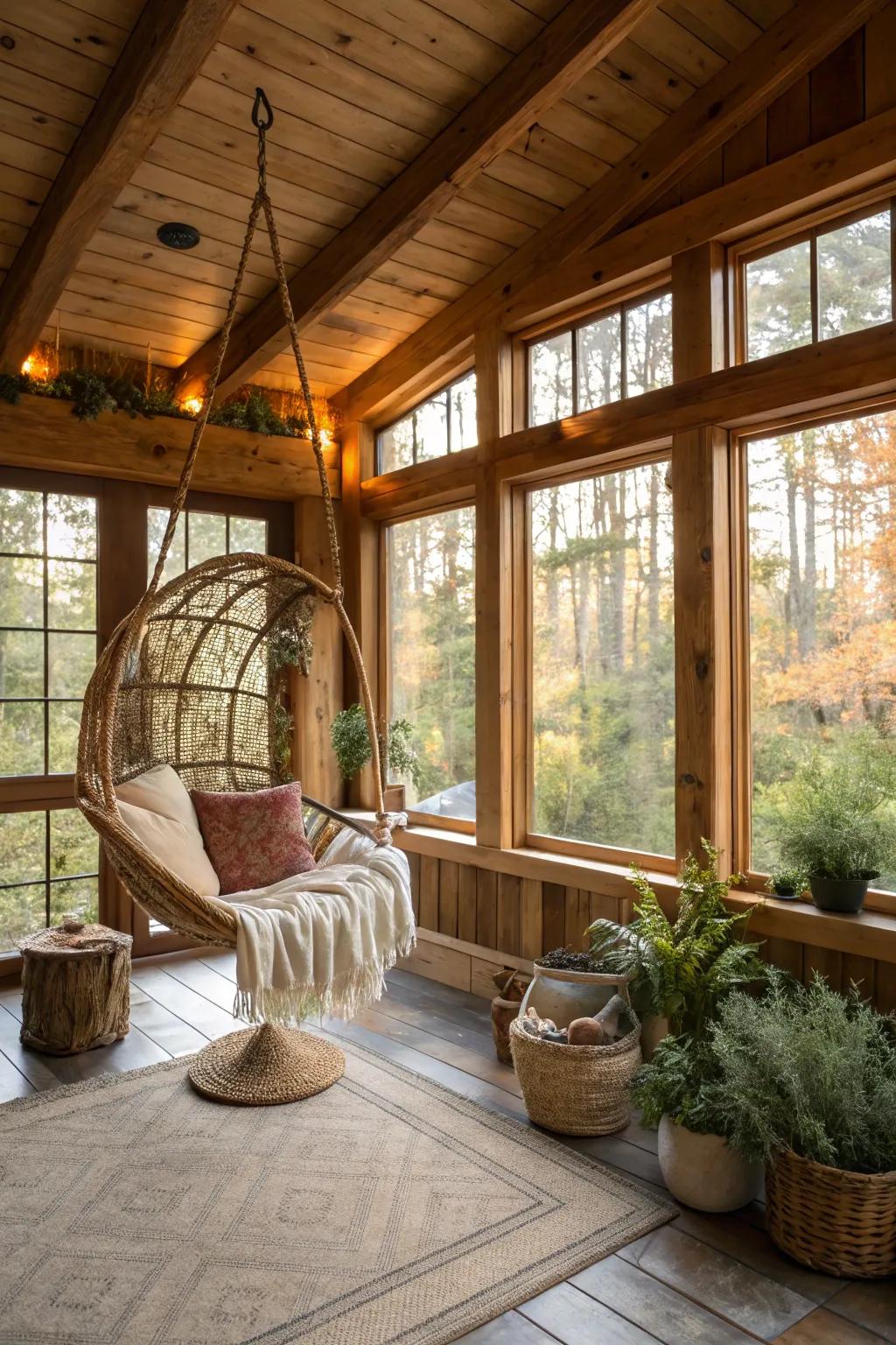 A hanging chair adds a playful and relaxing touch to this country-style sunroom.