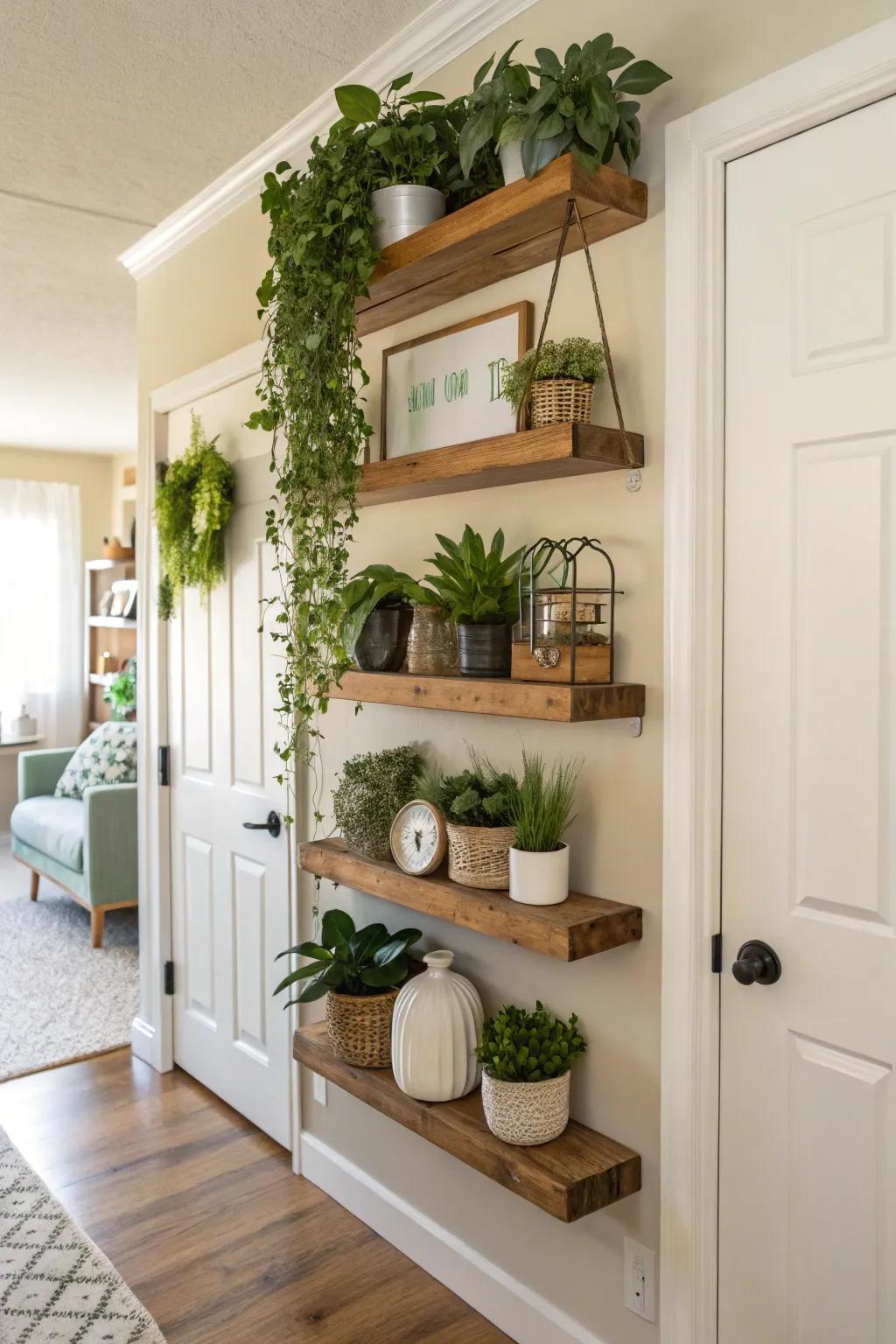Floating shelves near doorways utilize neglected space.