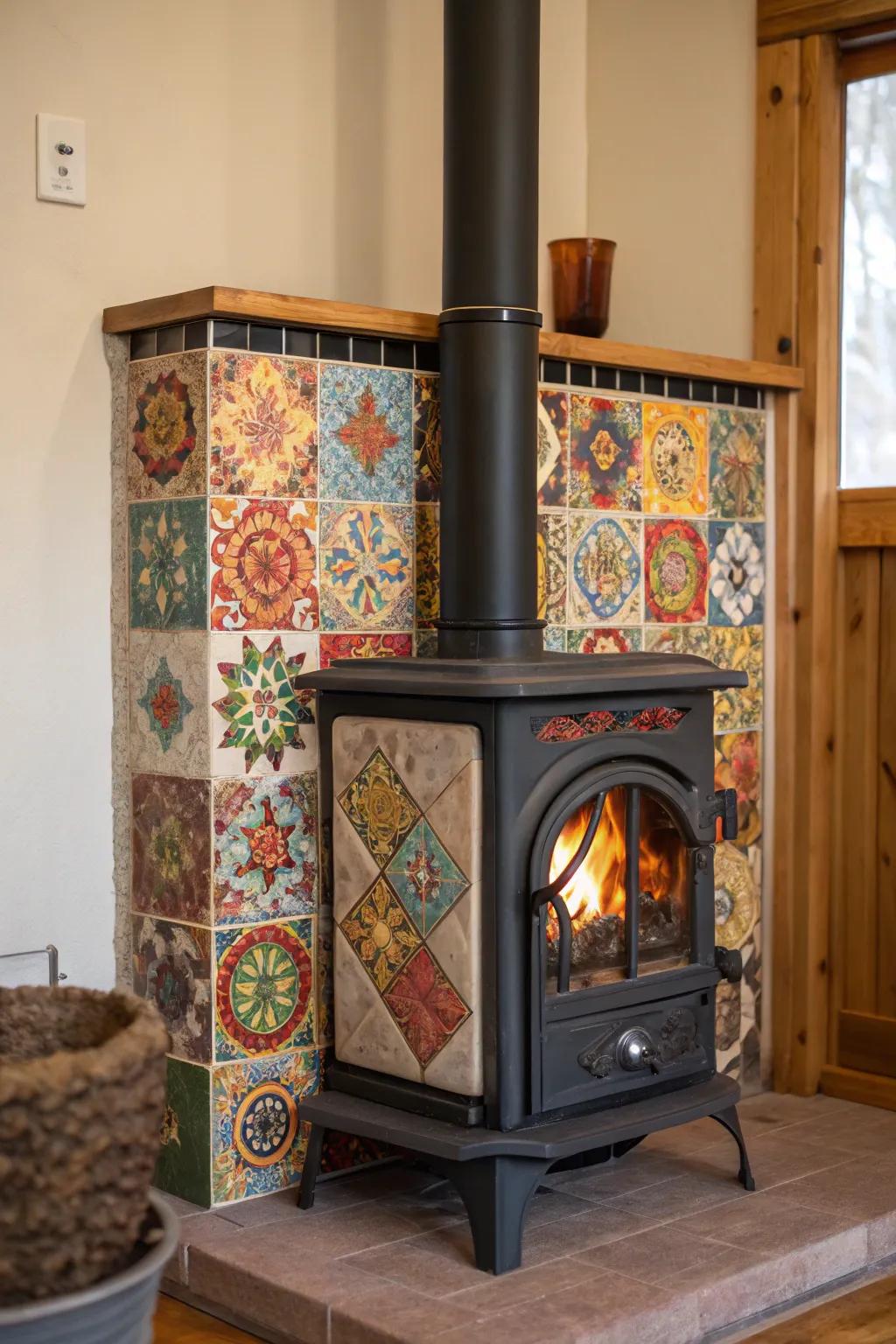 Artistic tiles add a splash of color and texture around a hearth heater.