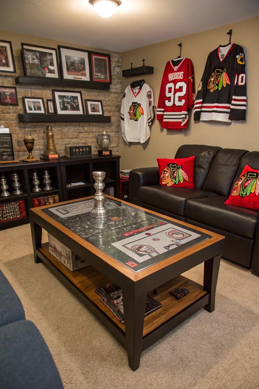 A unique coffee table serves as both a focal point and functional item.