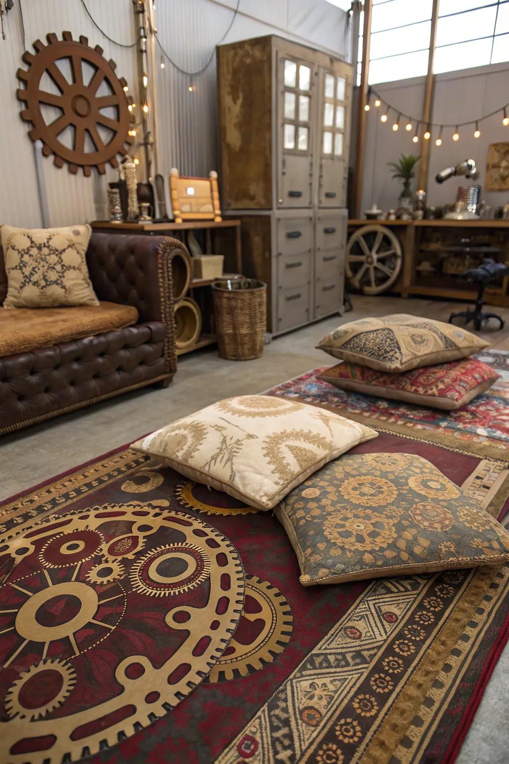 Steampunk-inspired textiles add warmth and depth to this industrial-chic space.
