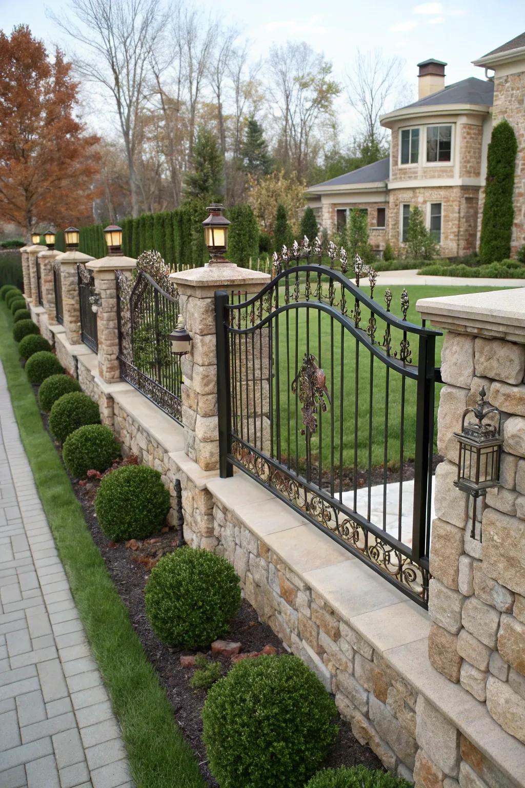 A uniquely custom-designed stone and iron fence.