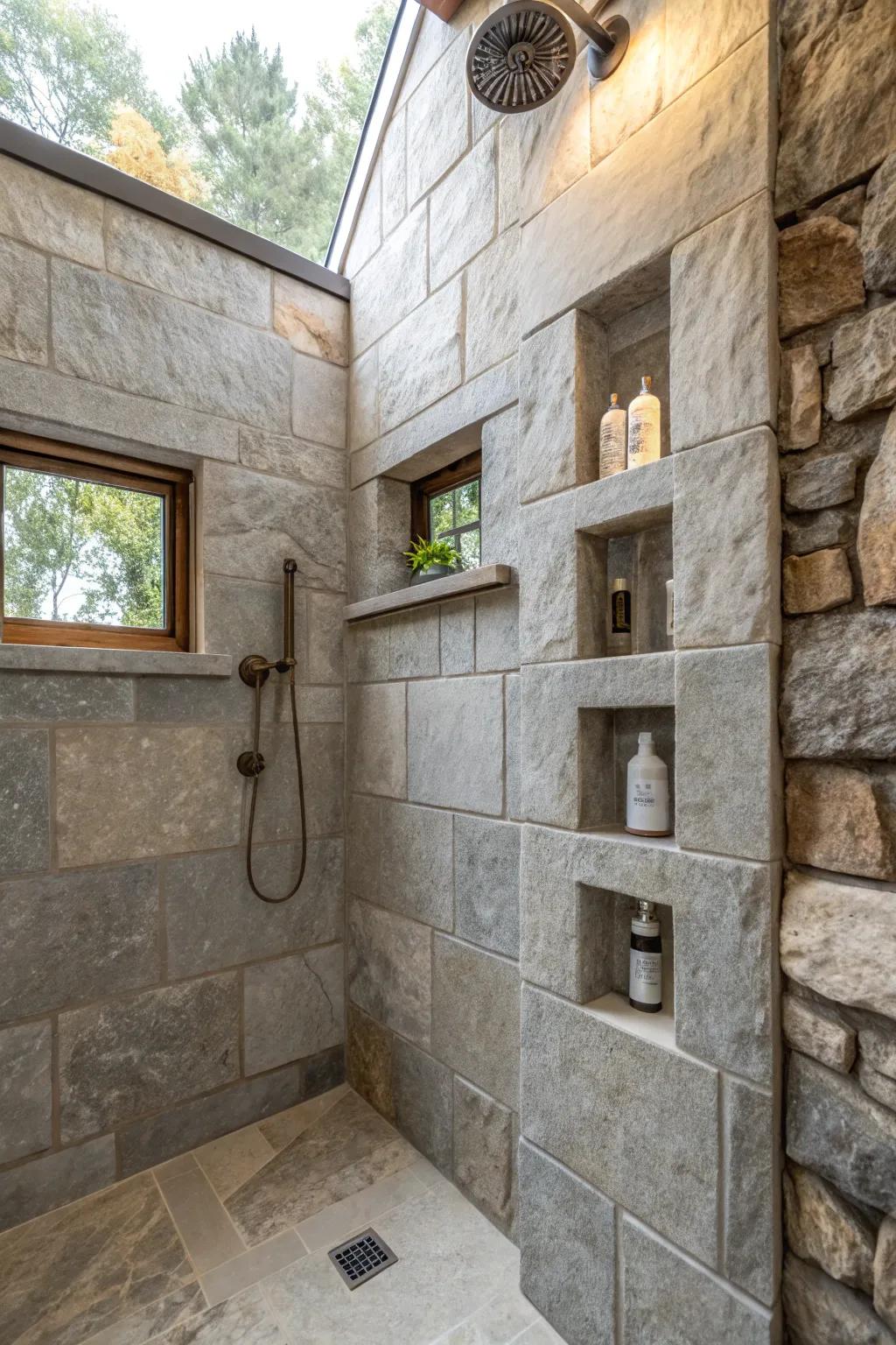 Stone alcoves provide a streamlined storage solution in showers.