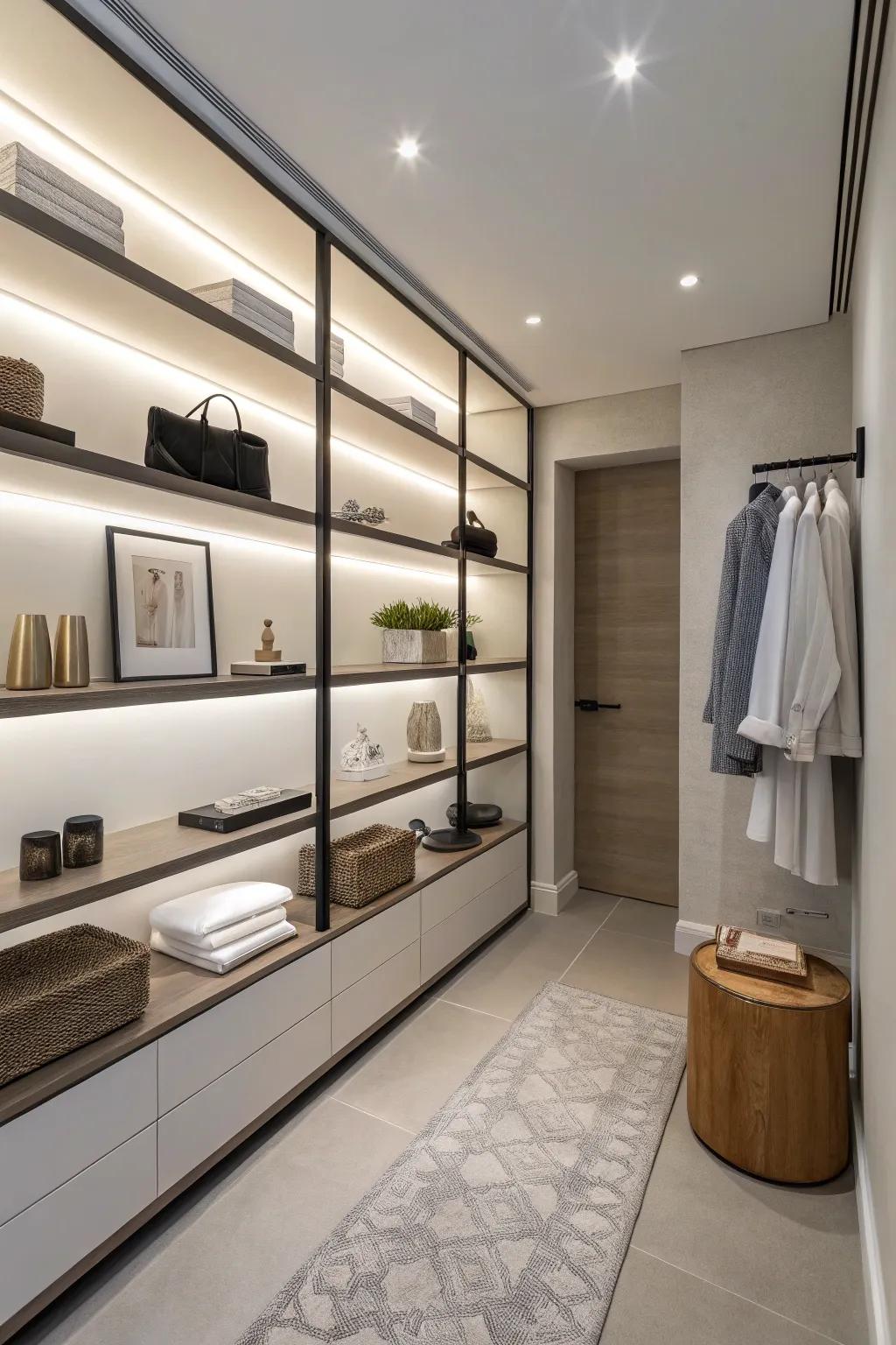 A sleek, clutter-free appearance is offered by shelves that appear to float.
