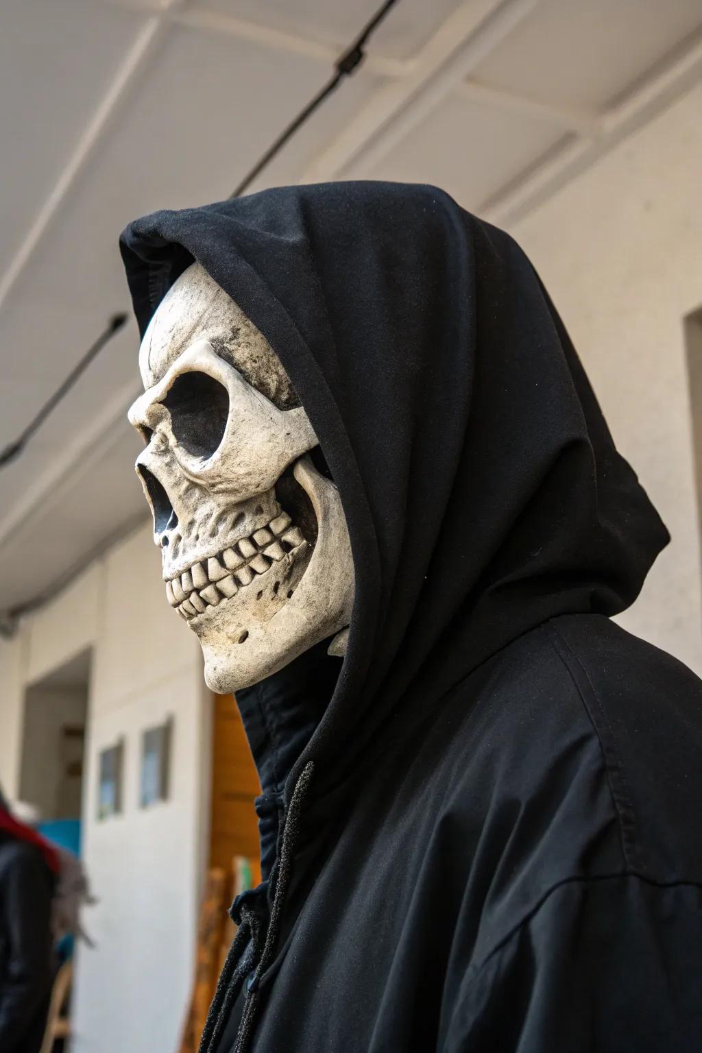 A skeleton head that seems to have materialized from the shadows.