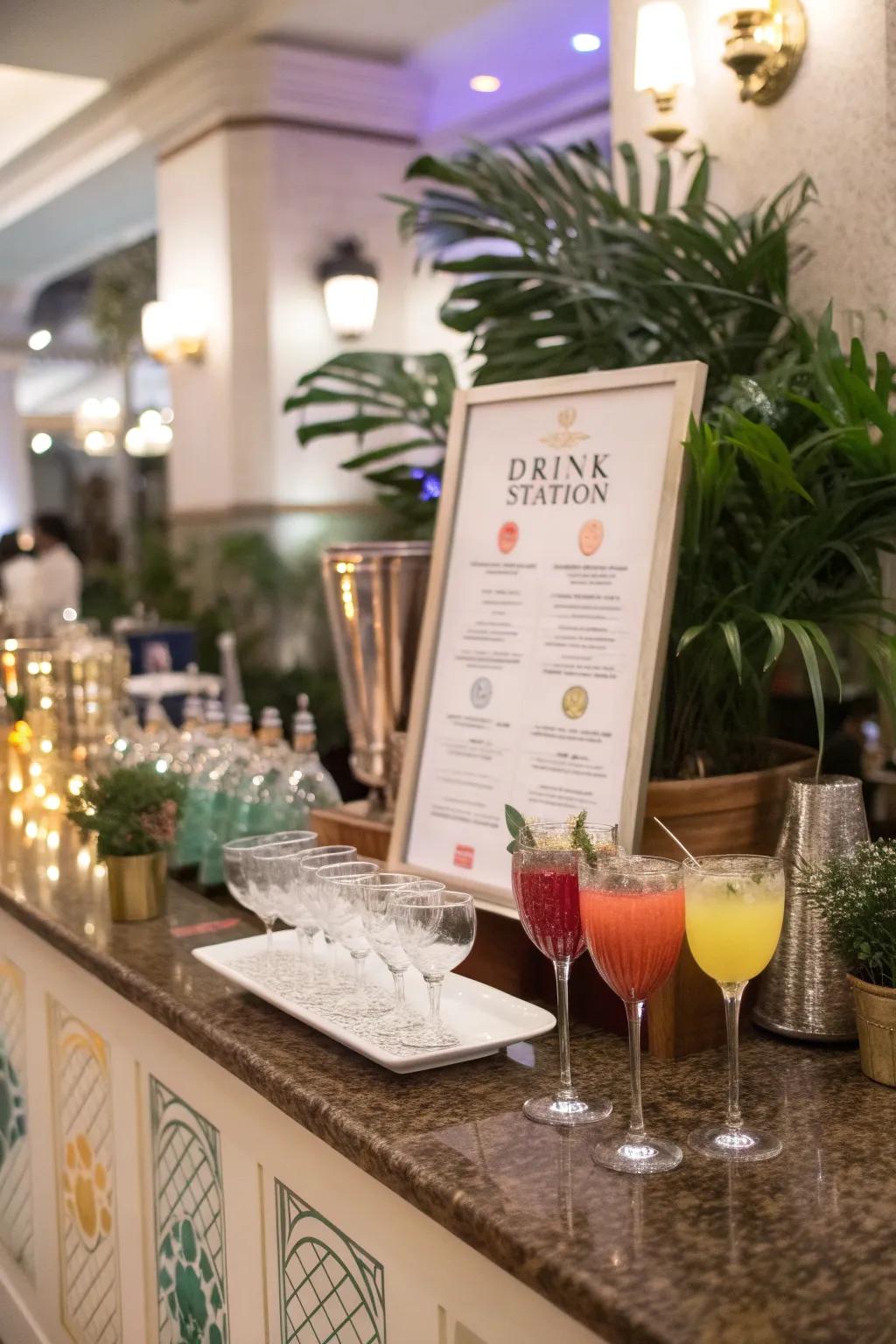 A themed beverage station featuring fancy glassware.