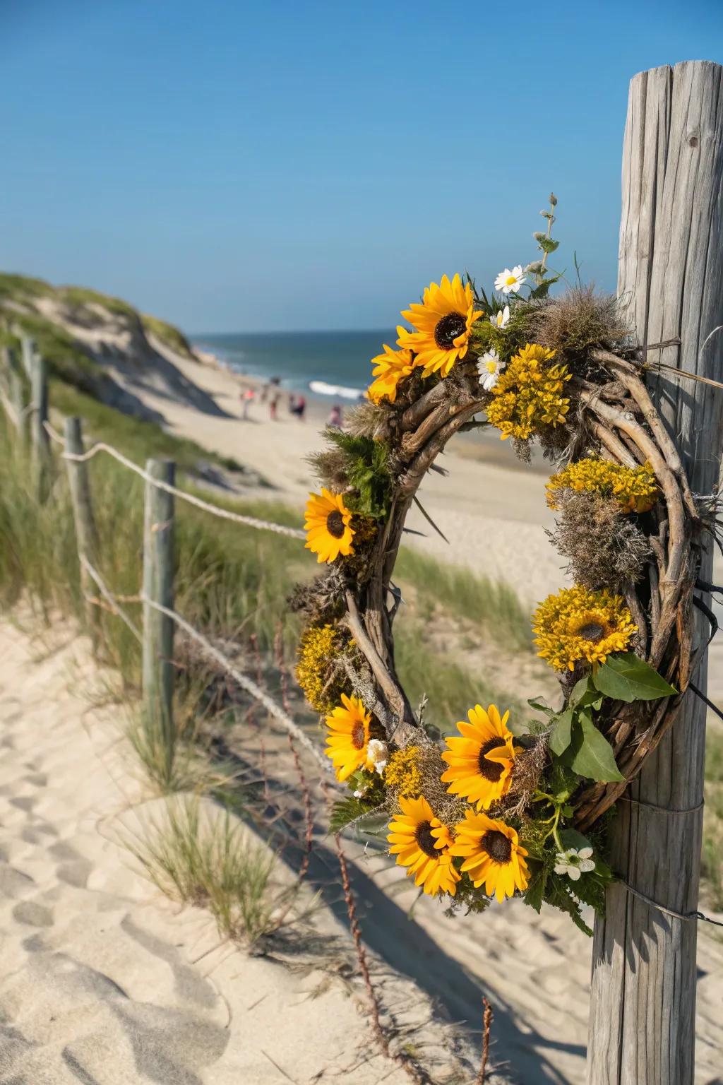 Rustic coastal charm emanates from coastwood and sunflowers.