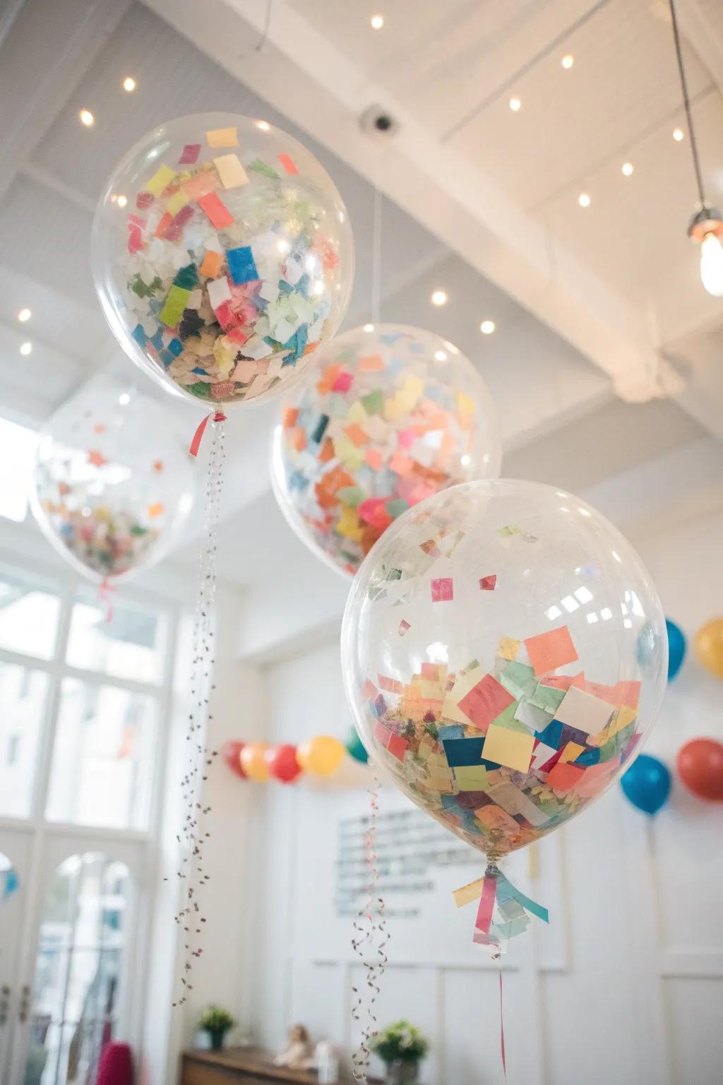 Transparent spheres filled with surprise messages delight guests.