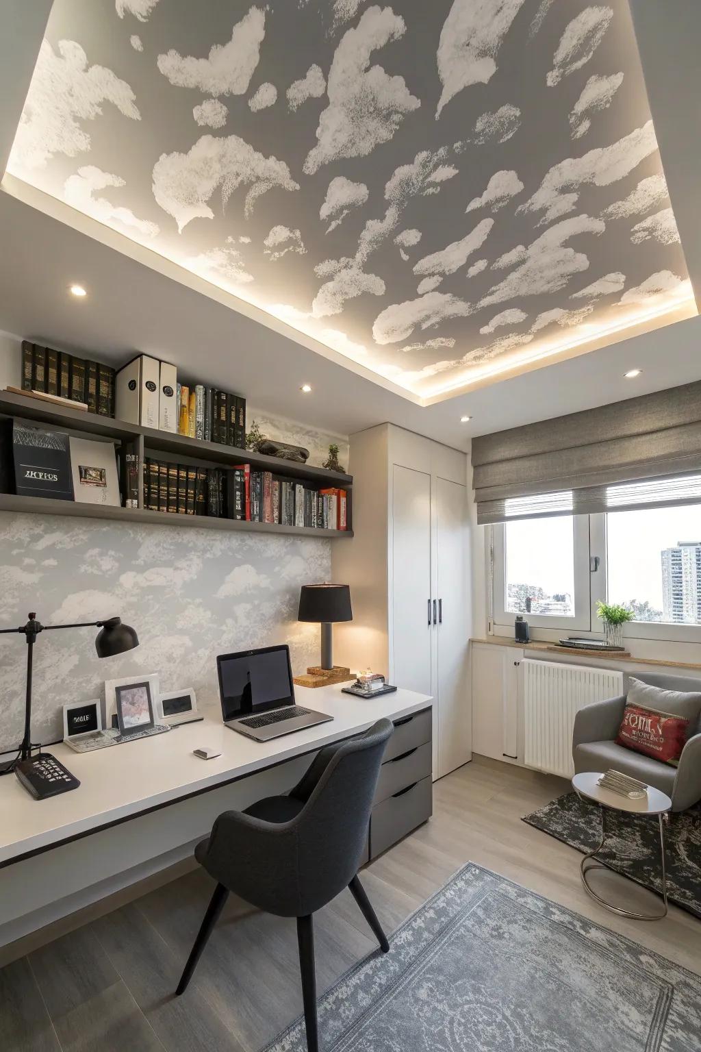A work-from-home office features abstract nimbus designs.