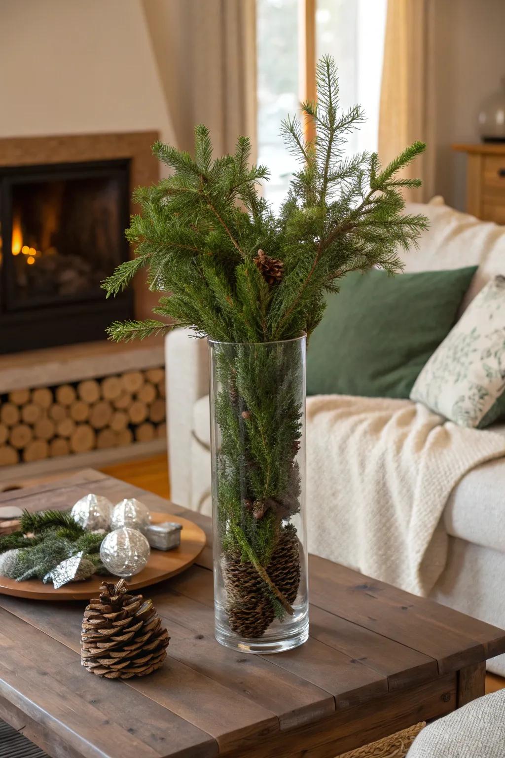 A tall glass vase overflowing with fir and foliage, bringing a wintery highlight into a cozy chamber.