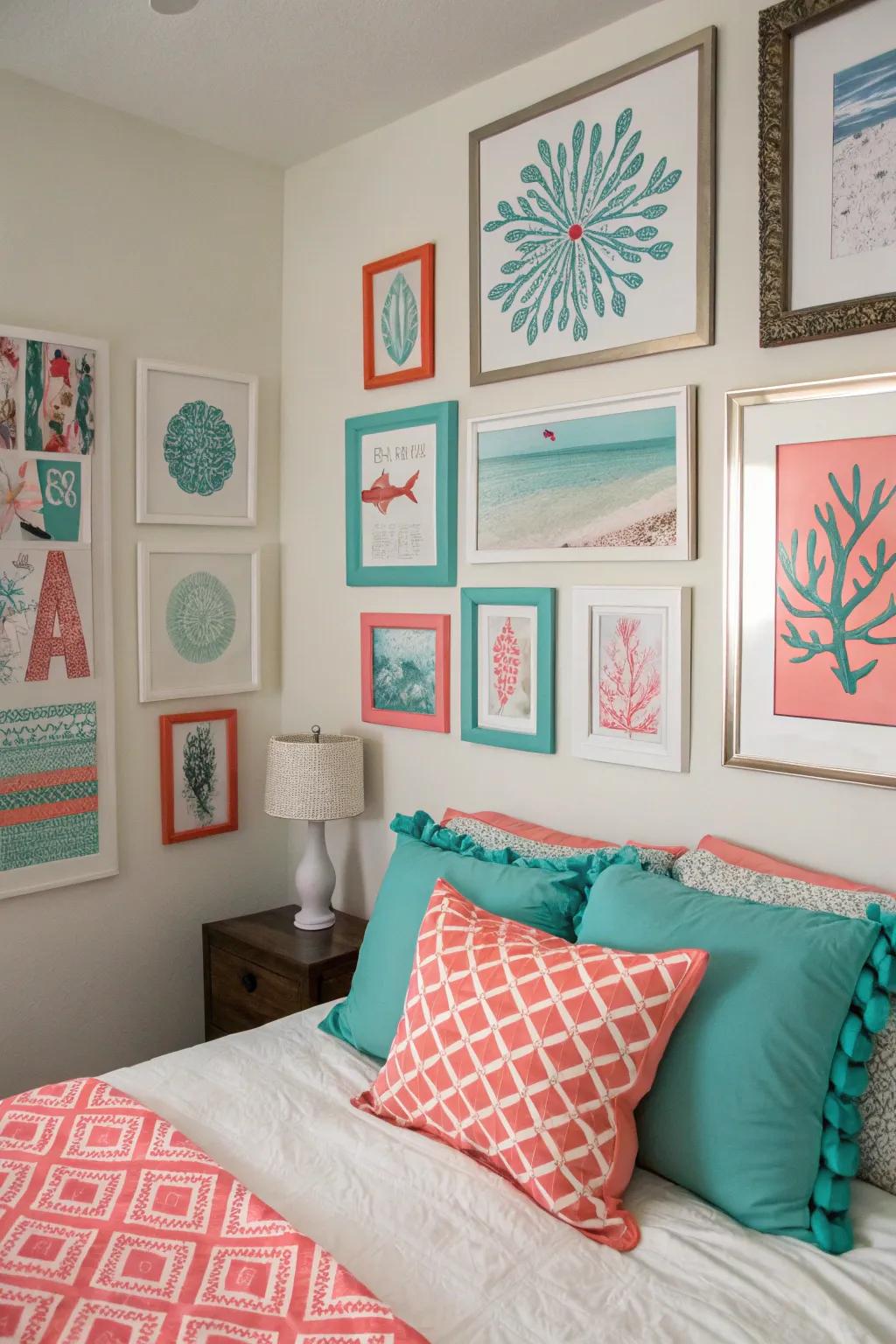 A sea-green and sunset-orange gallery wall presents personal flair.