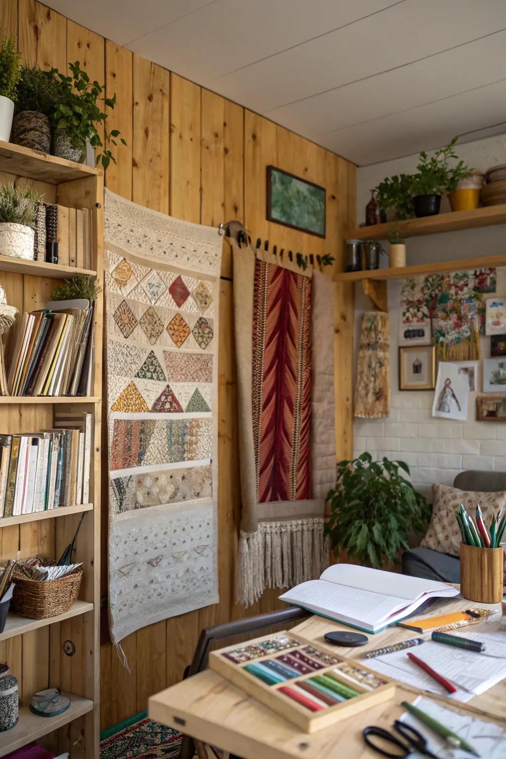 Materials that were reused give a distinctive charm and eco-friendliness to this art piece.