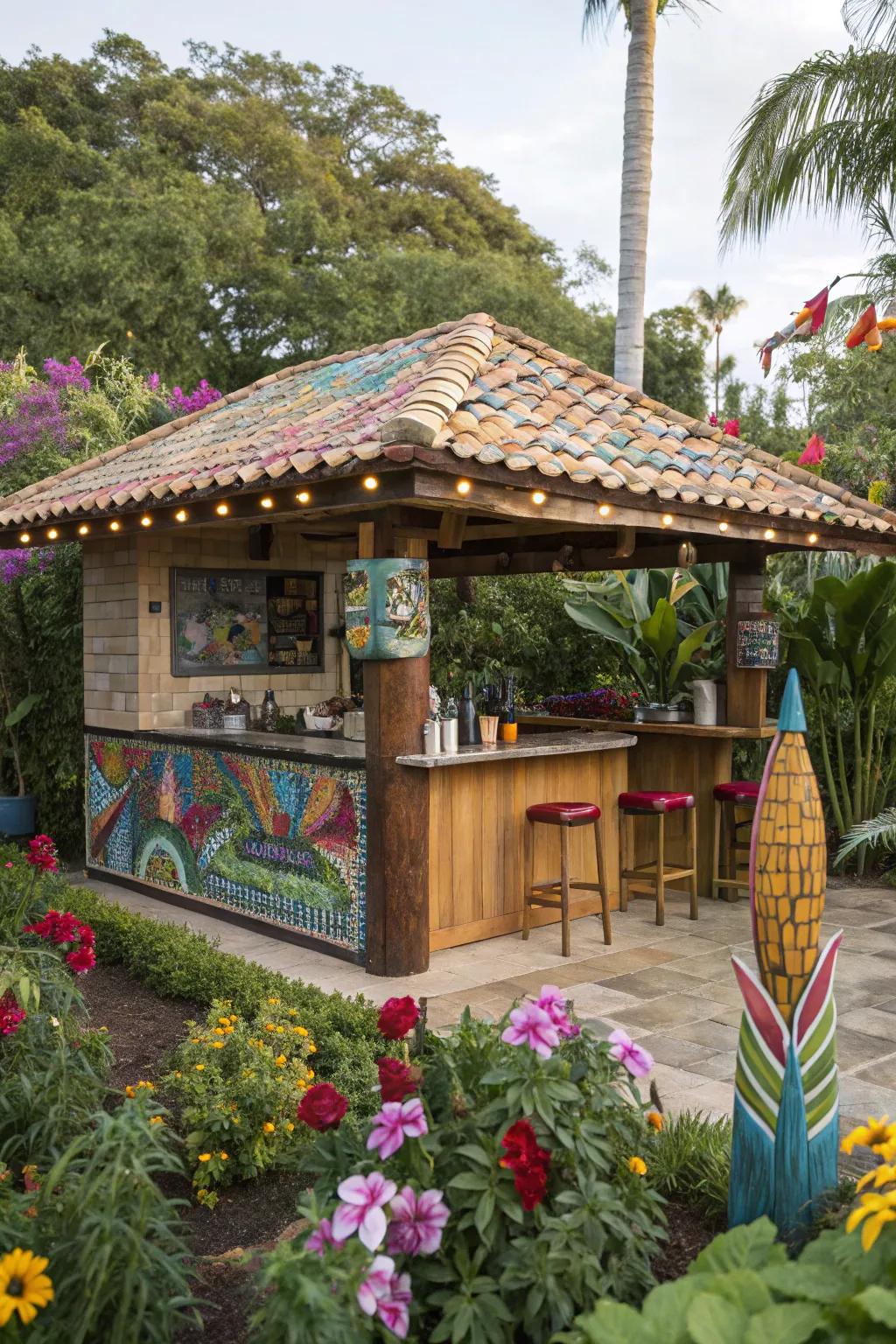 Brick mosaics append vibrancy and artistic flair to your tiki bar.