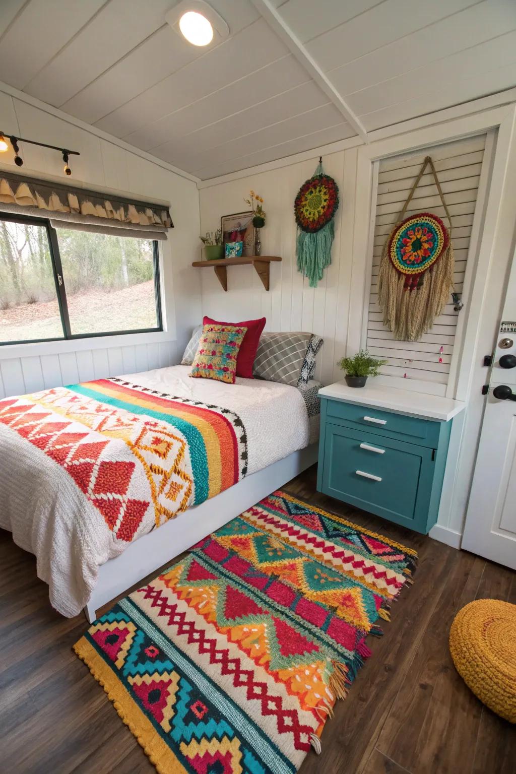 Bold accents adding character to a simple tiny bedroom.