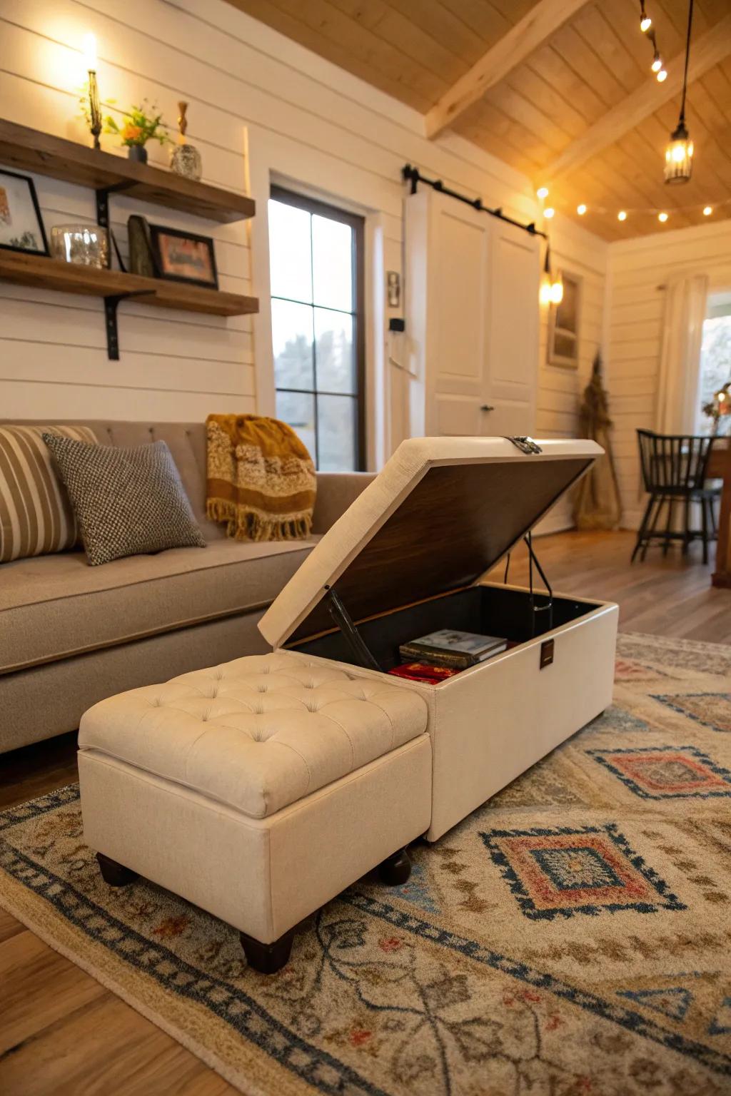 Ottoman with hidden storage in a tiny house living area
