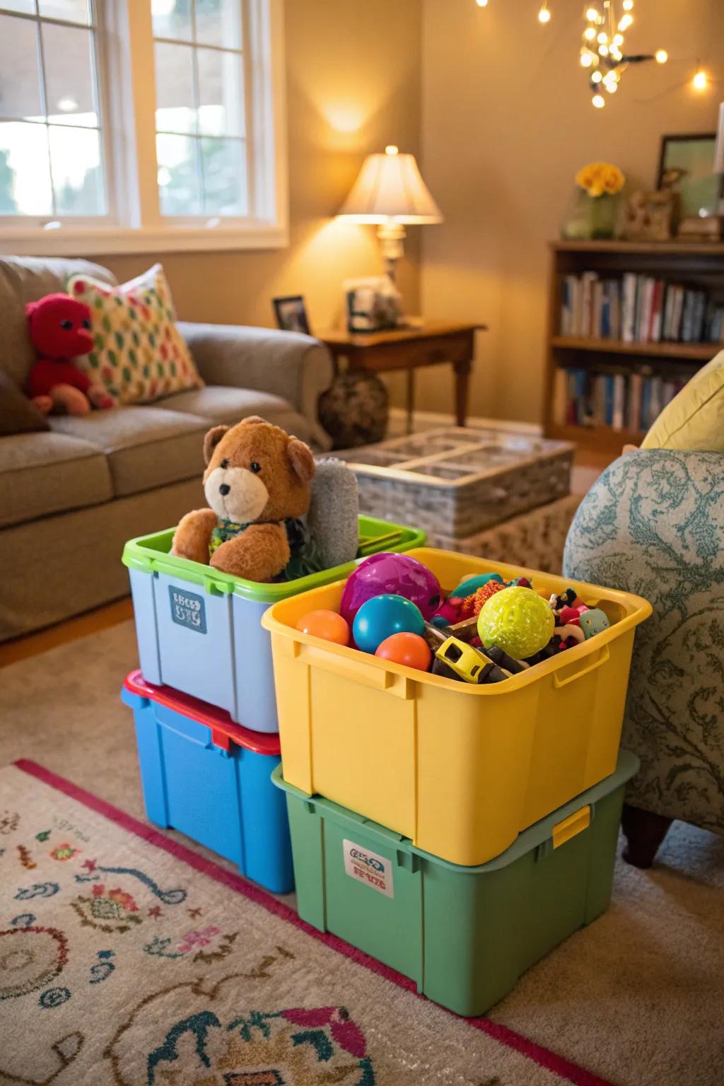 Transportable bins simplify toy arrangement and cleanup.