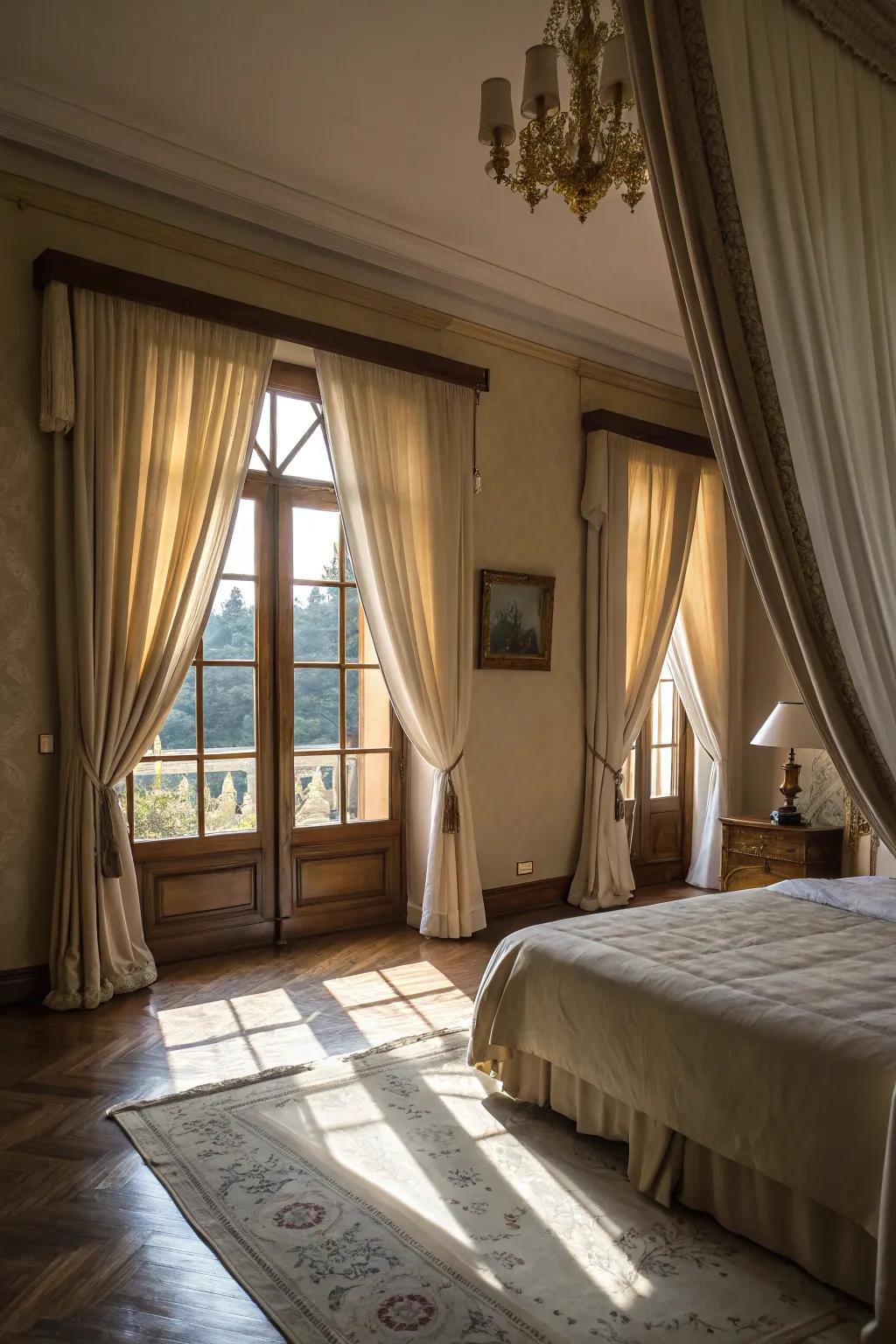 Elegant drapery frames windows.