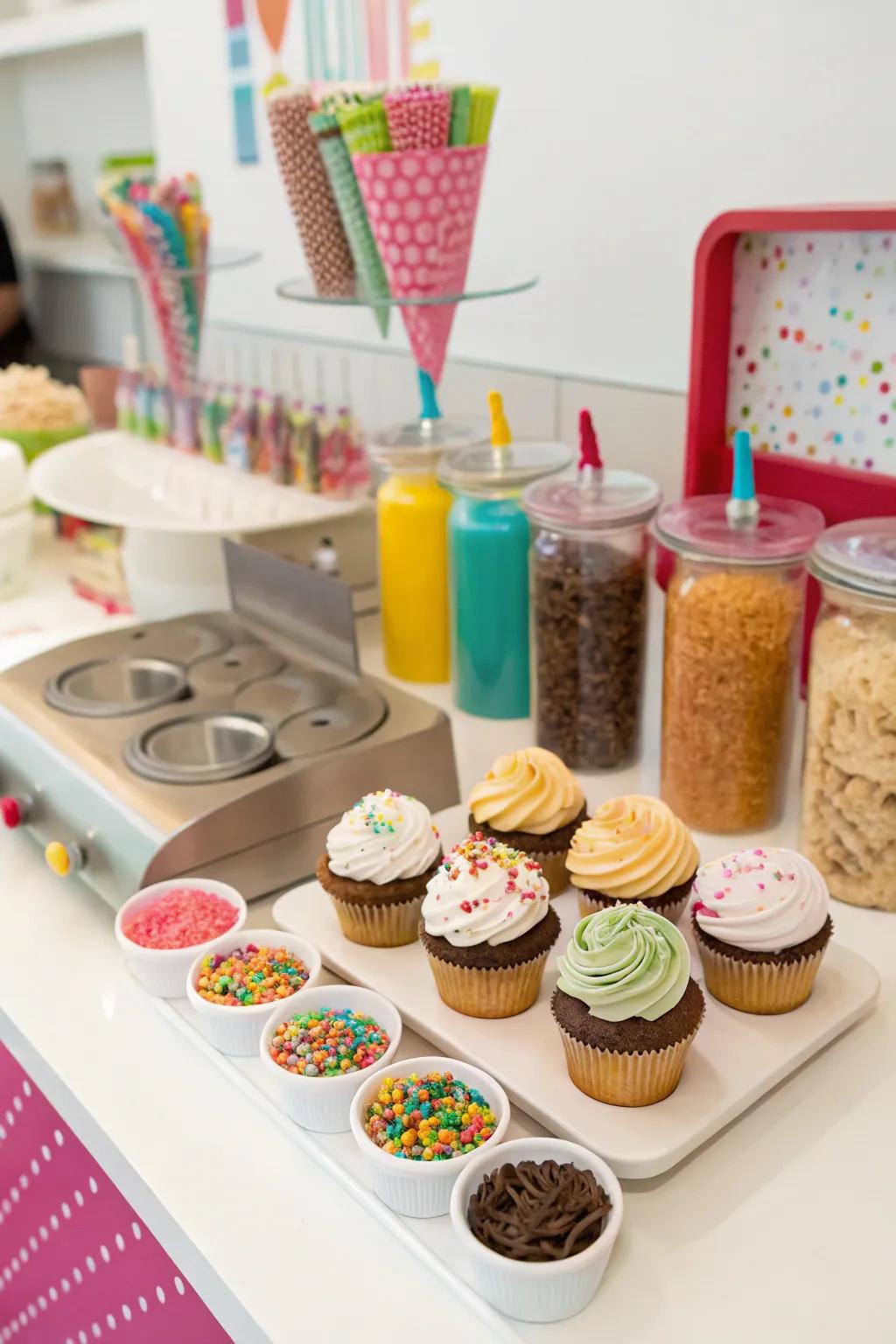 Small cake decoration station with different toppings.