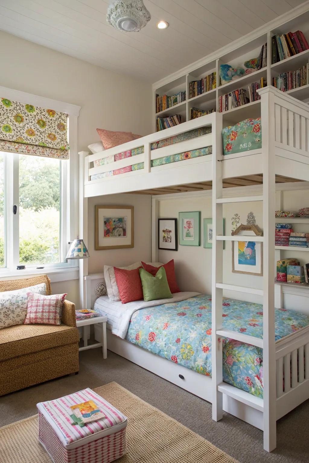 Loft beds provide additional functional space in the shared room.