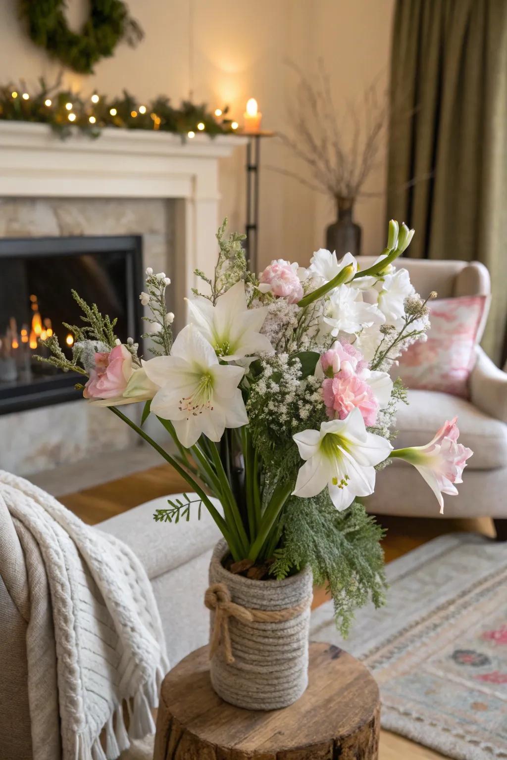 Arrangement featuring seasonal winter blooms.