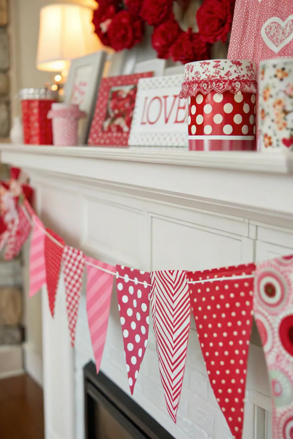 An eclectic mix of patterns yields playfulness to the mantel.