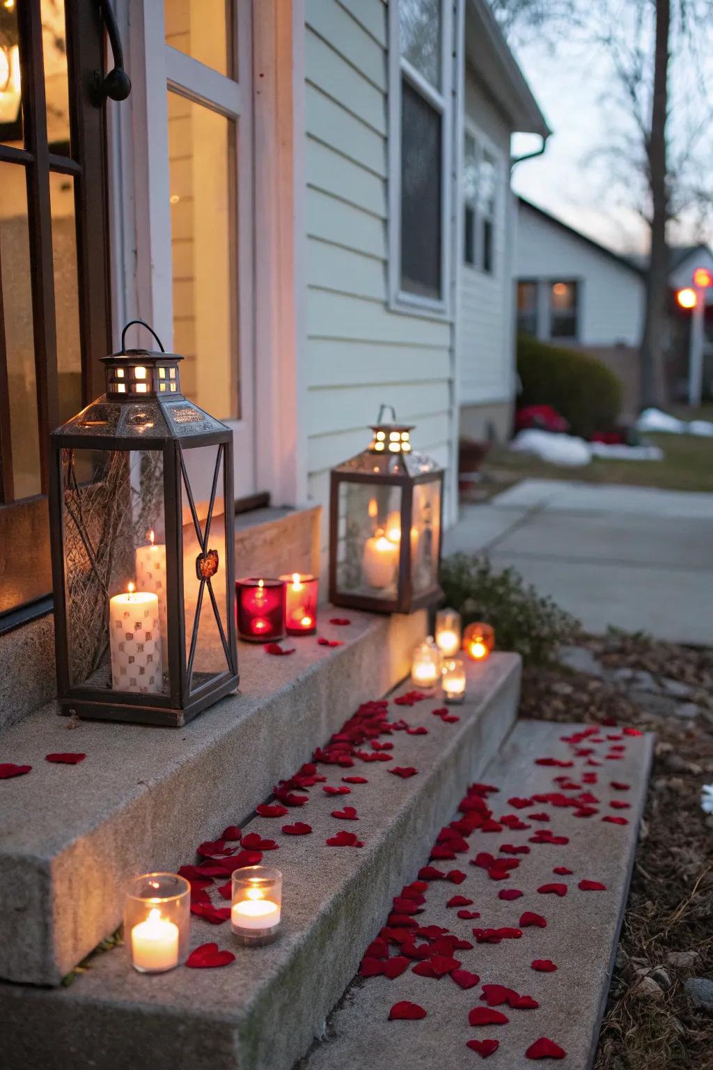 A romantic and welcoming ambiance is created by candle lanterns.