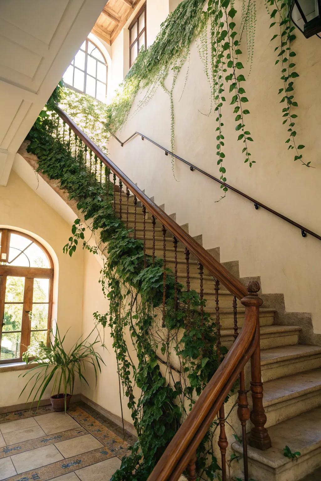 Integrate nature seamlessly via stairwell creepers.