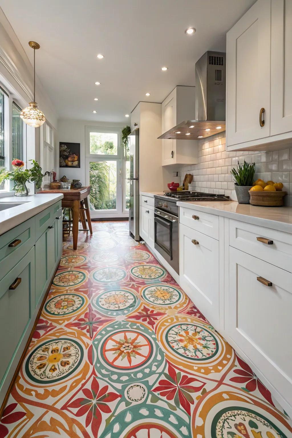 For a lively kitchen floor, double up on patterns.