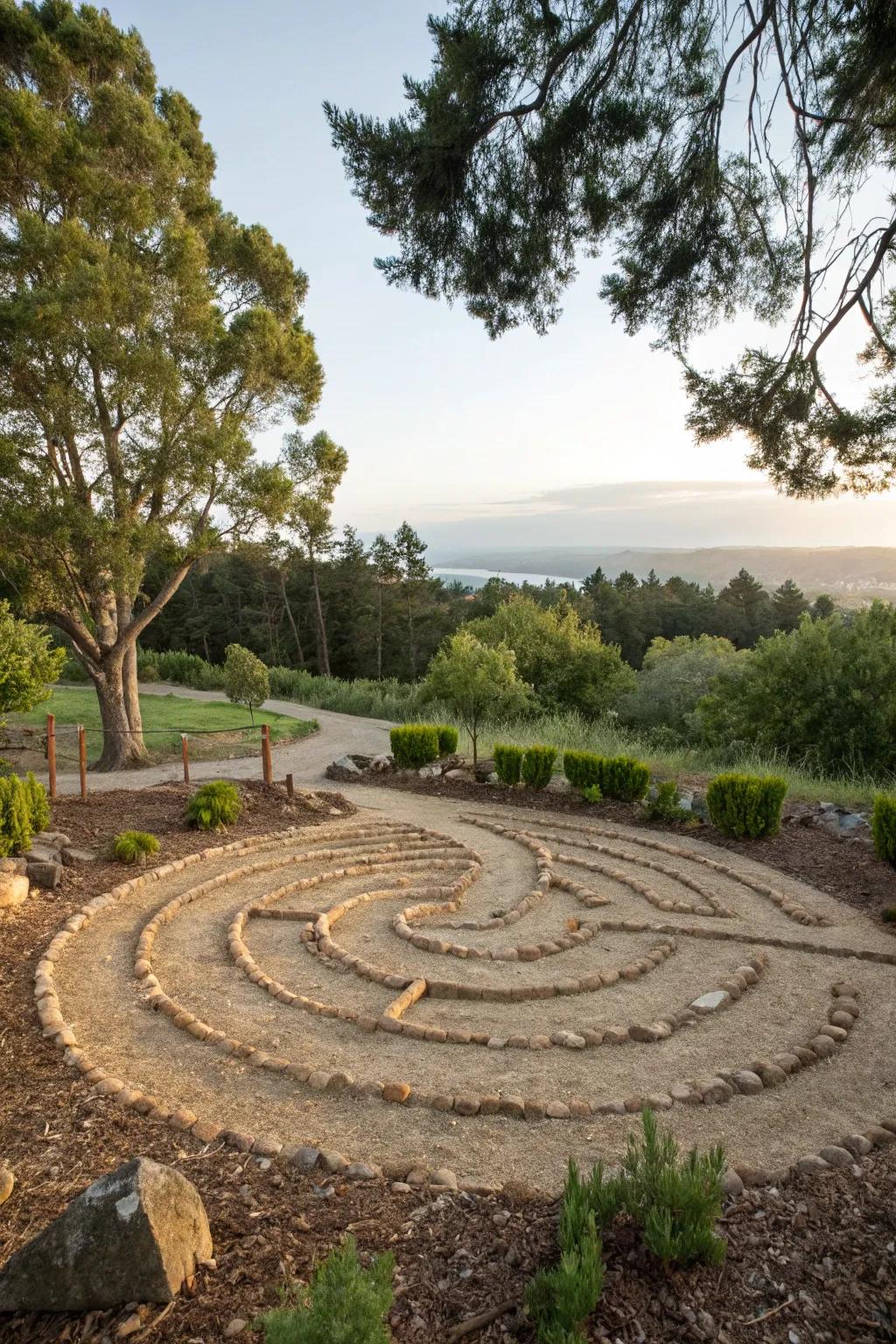 A wood chip labyrinth offers a grounded and natural walking experience.