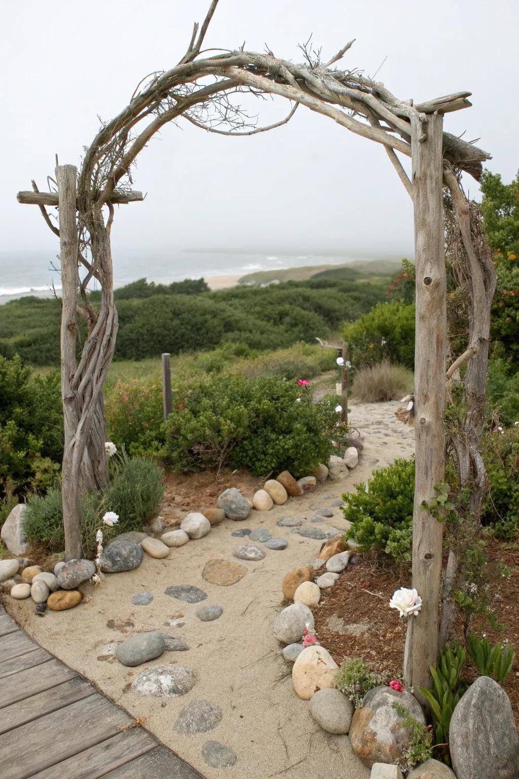 Driftwood arches transfer a hint of coastal allure to garden environments.