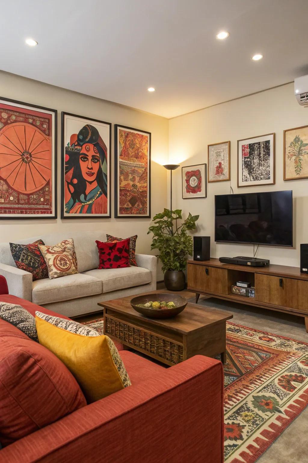 Wall art with bold bright hues enlivens the living space.