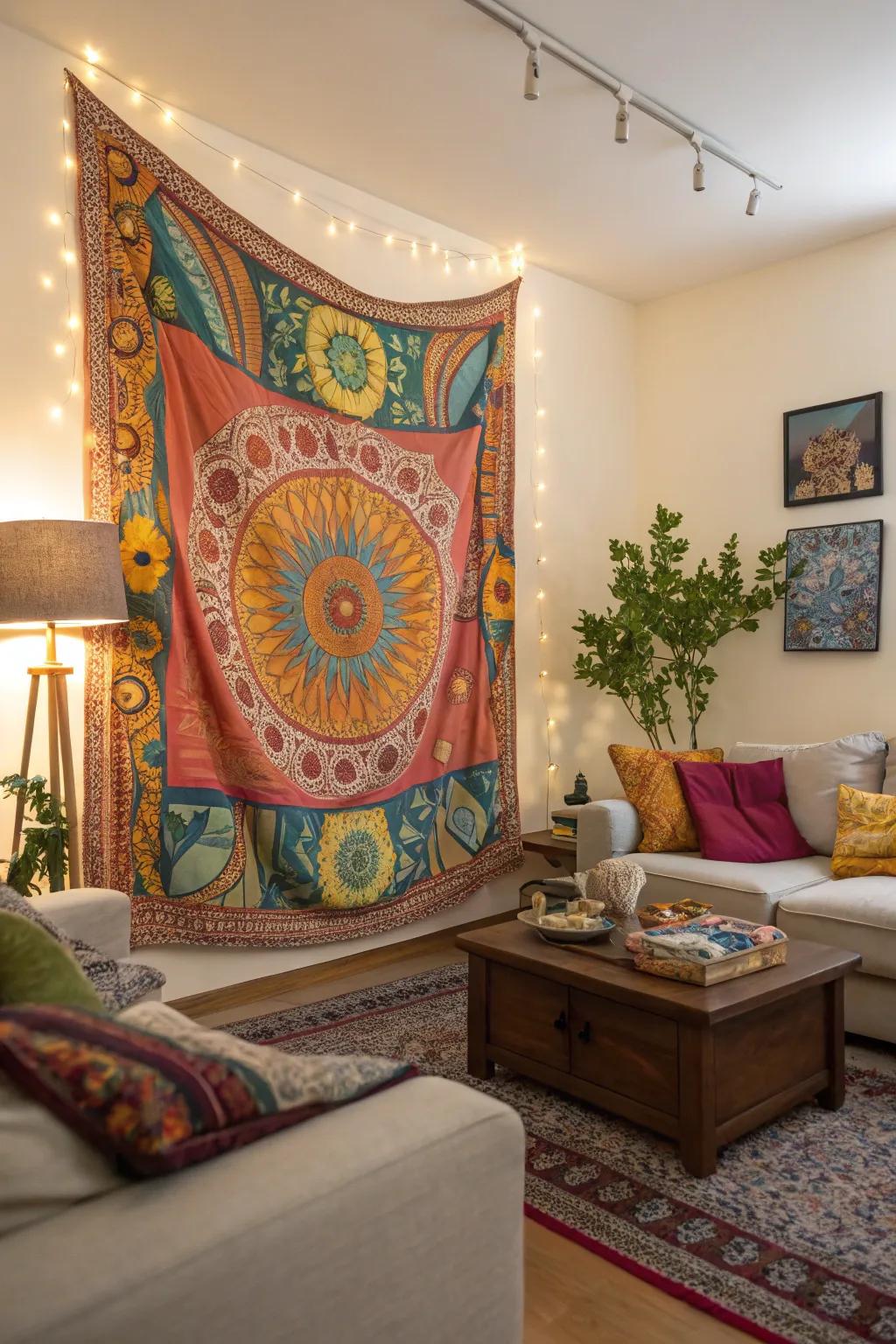 Tapestries provide texture and color, creating a stunning focus point.