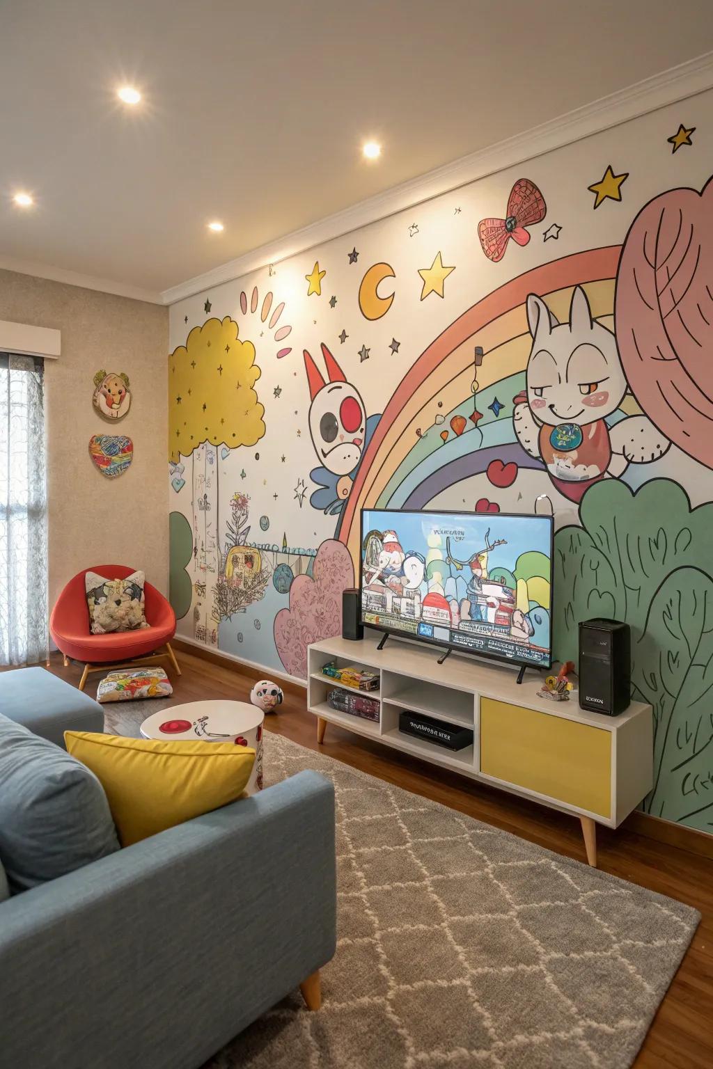 Infuse amusement and playfulness by using a lively cartoon mural.