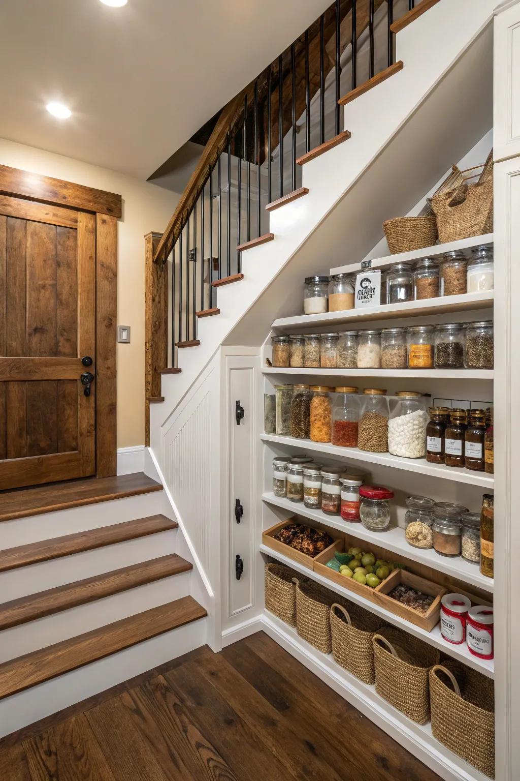 A hidden pantry beneath the stairs offers practical storage.
