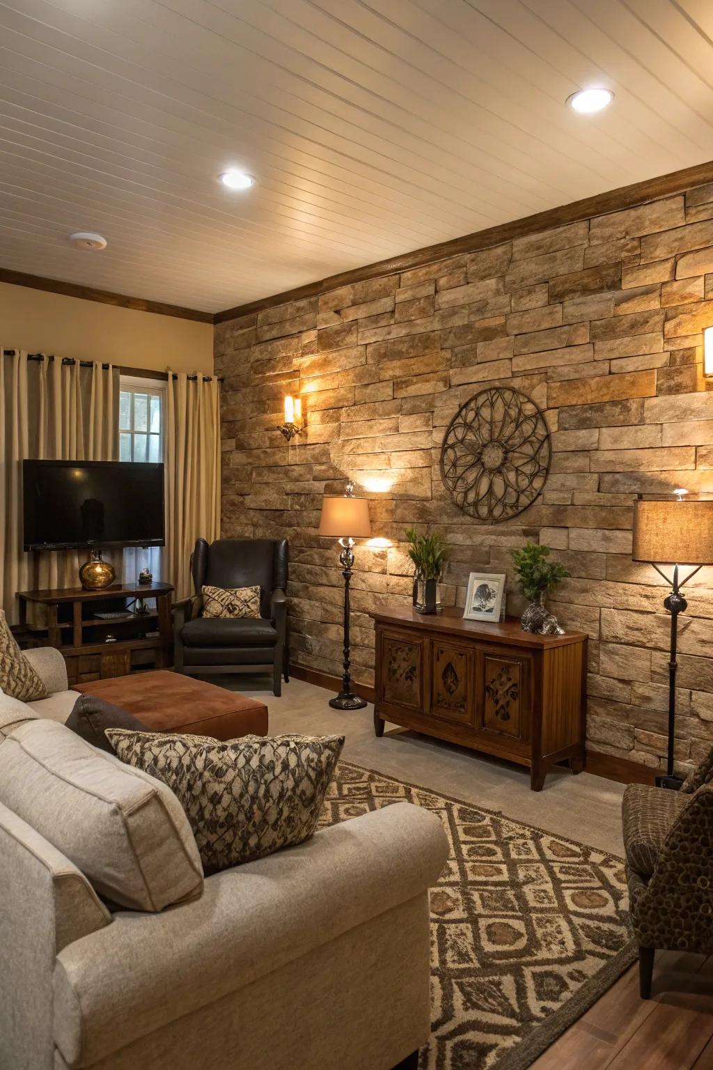 Rustic wallpaper adds warmth and charm, creating a cozy retreat.