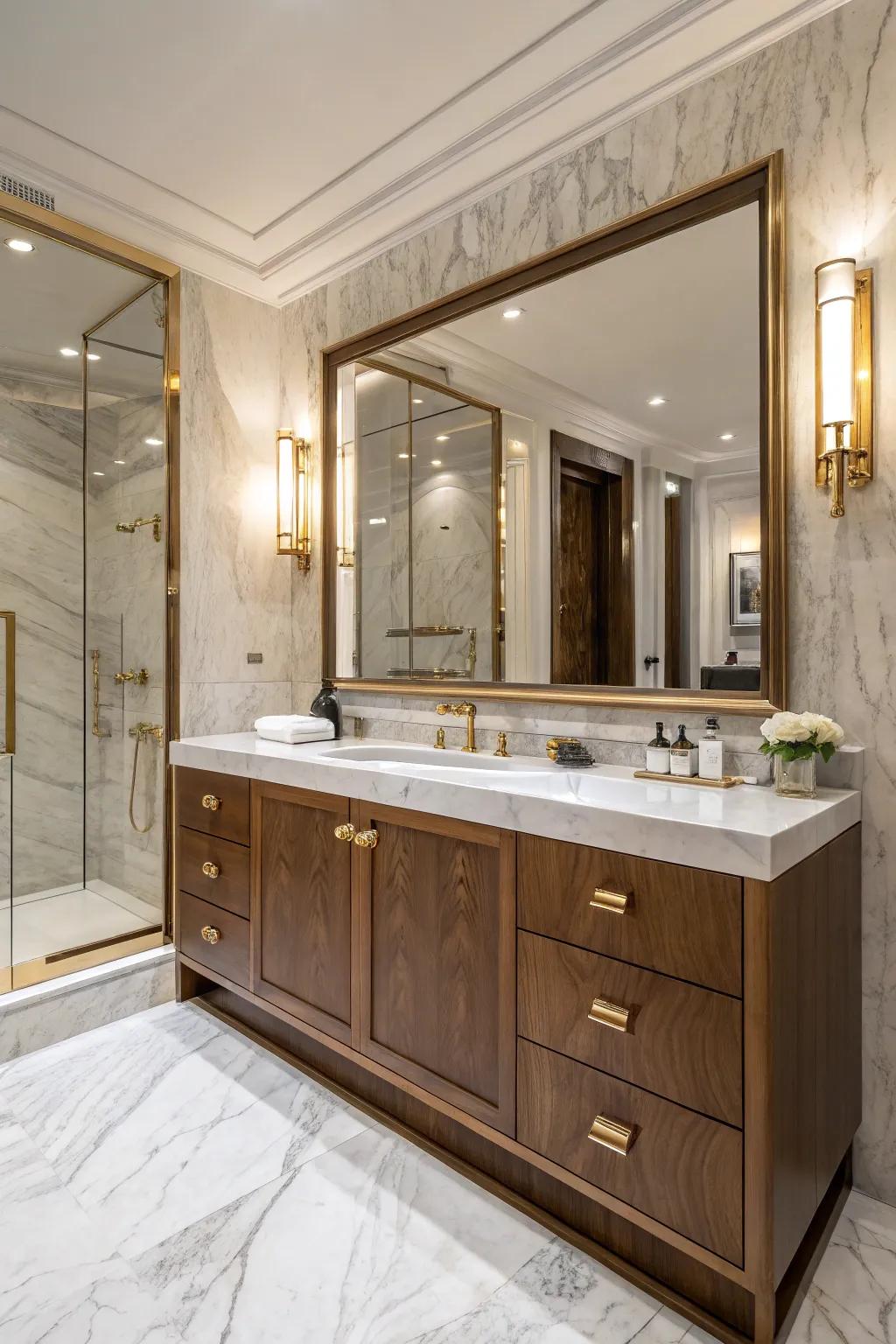 Add a touch of luxury with warm metal touches next to your nutwood dressing table.