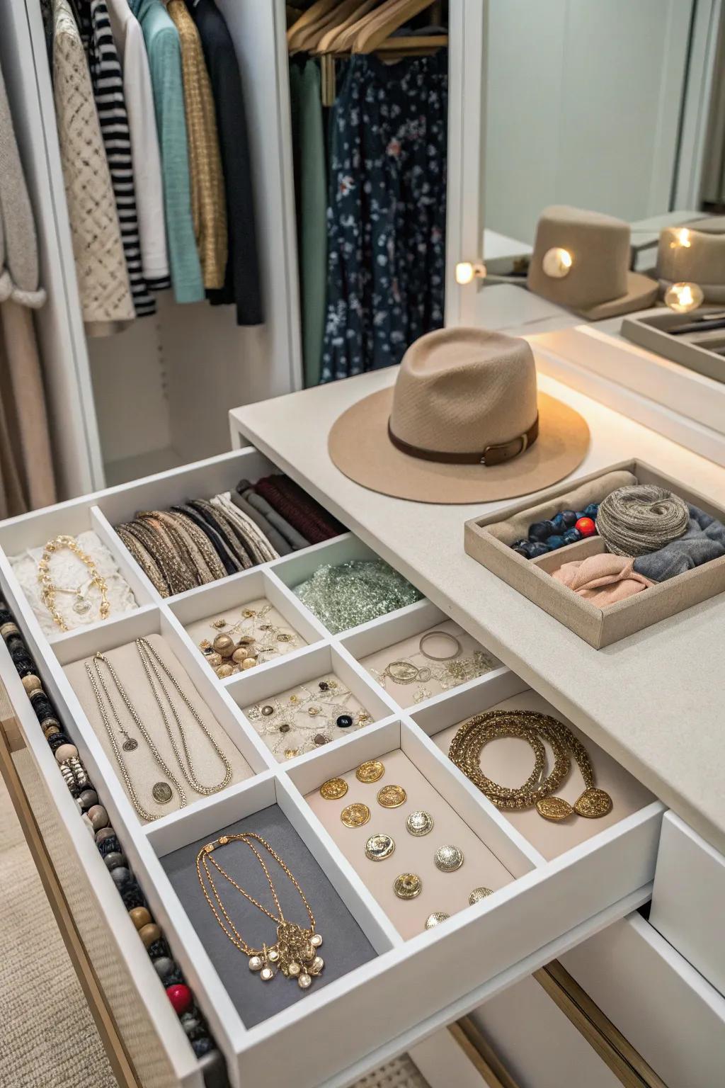 Sliding trays provide elegant and organized accessory storage.