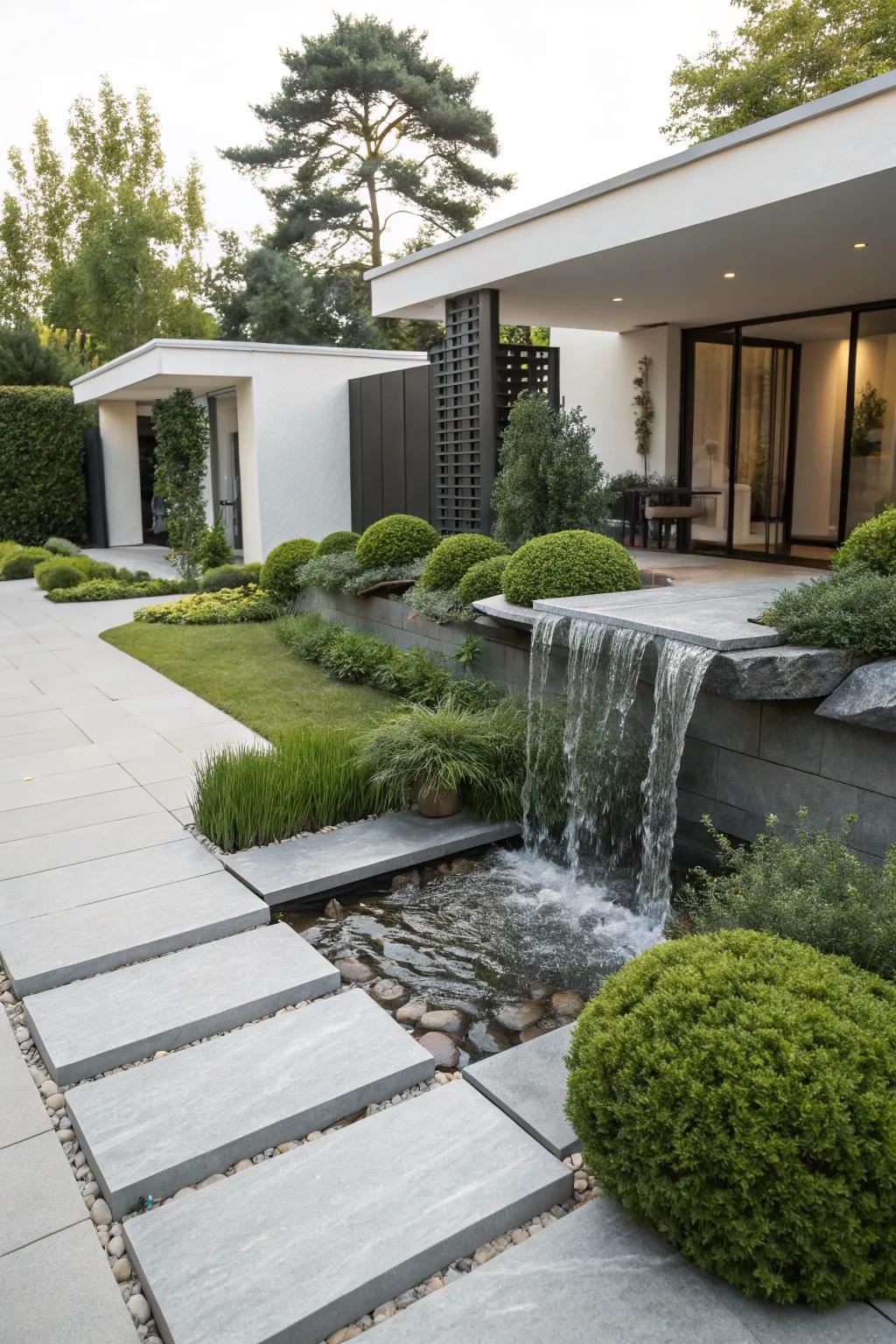 A minimalist stone waterfall features a pure and contemporary aesthetic.