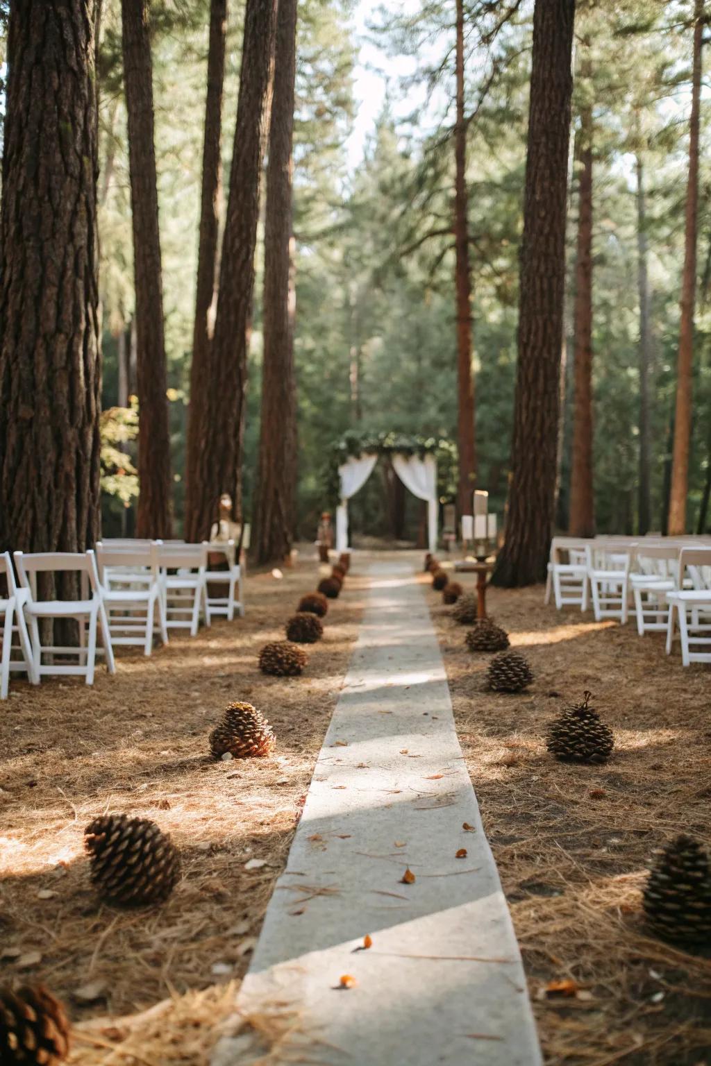A woodland-themed aisle showcasing natural pine cones.