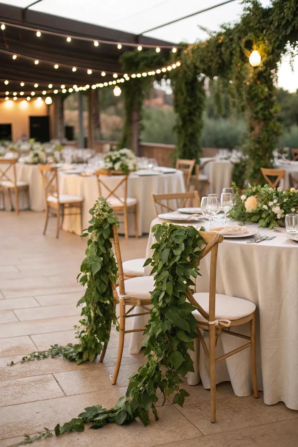 Wedding tables and chairs wonderfully adorned with lush foliage chains.