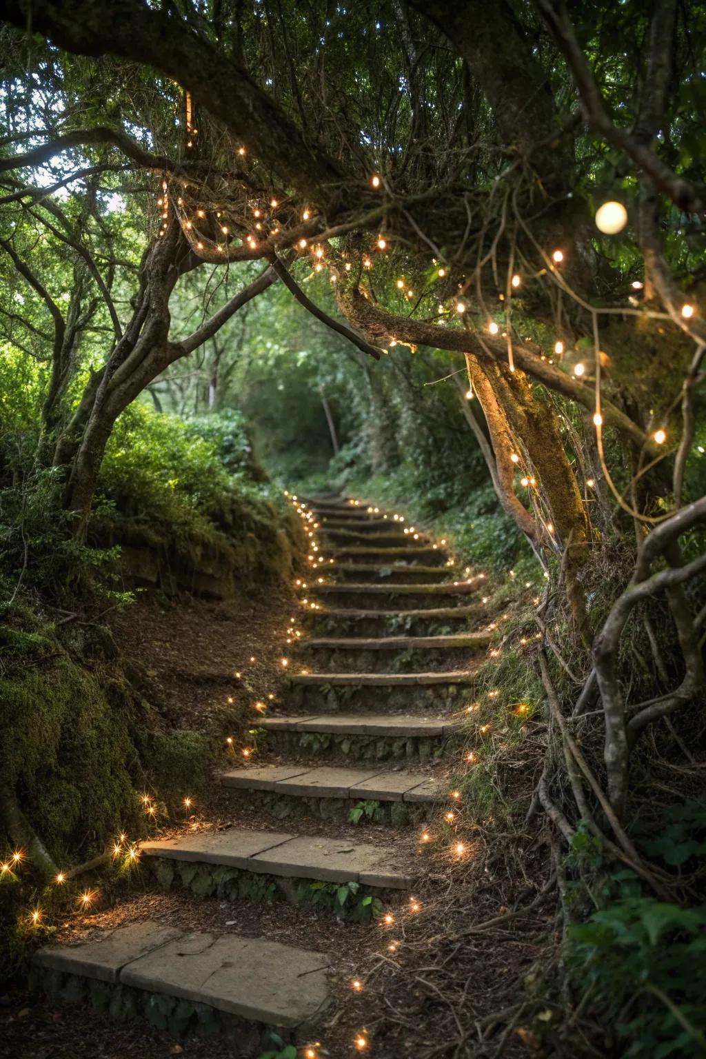 A fairytale forest theme crafts a magical, storybook setting on this stairway.