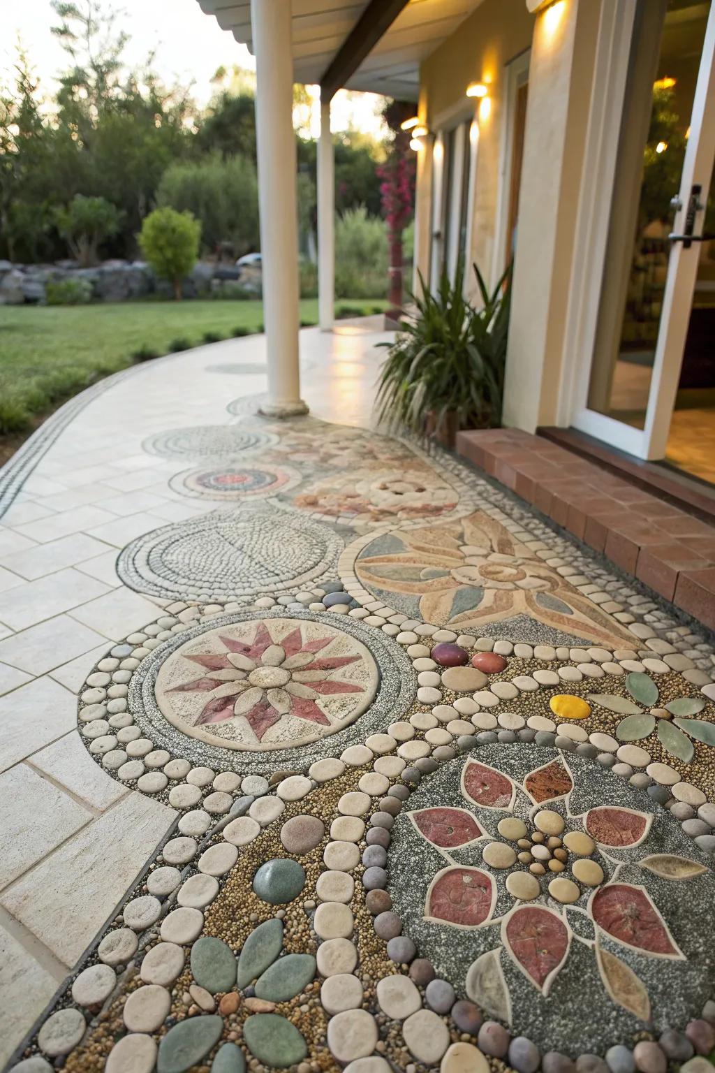 A stone design adds a personal, artistic touch to the patio.